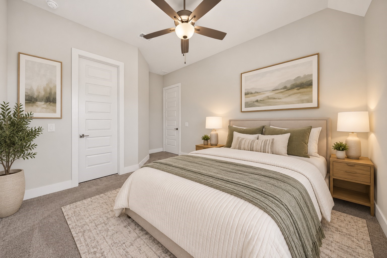 Secondary Bedroom: Thoughtfully designed bedroom featuring high ceilings, a ceiling fan, soft natural light, and a versatile layout for comfortable living.