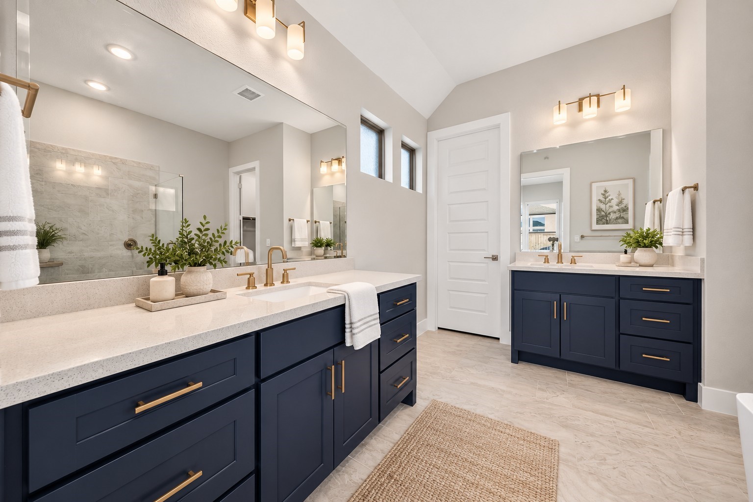 Primary Bathroom  Additional View: Striking navy cabinetry, gold-tone fixtures, expansive mirrors, and separate vanities create a sophisticated yet functional space.