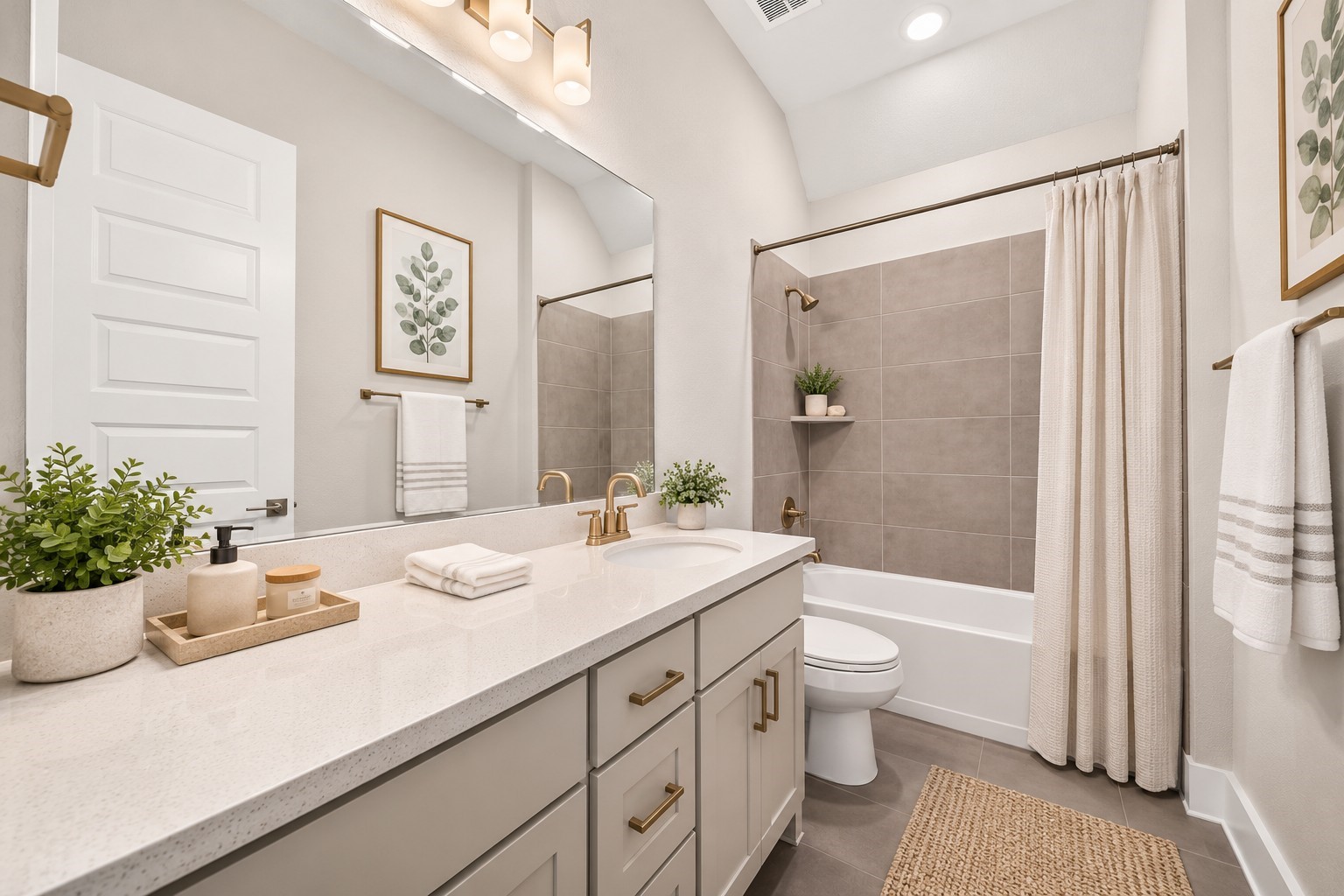 Secondary Bathroom: Beautifully appointed bathroom featuring a sleek white vanity, contemporary fixtures, and a tub/shower combination with modern tile surround.