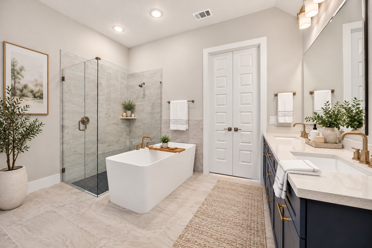 Primary Bathroom: Indulge in the spa-inspired primary bathroom featuring a freestanding soaking tub, glass-enclosed walk-in shower, dual vanities, and elegant finishes.