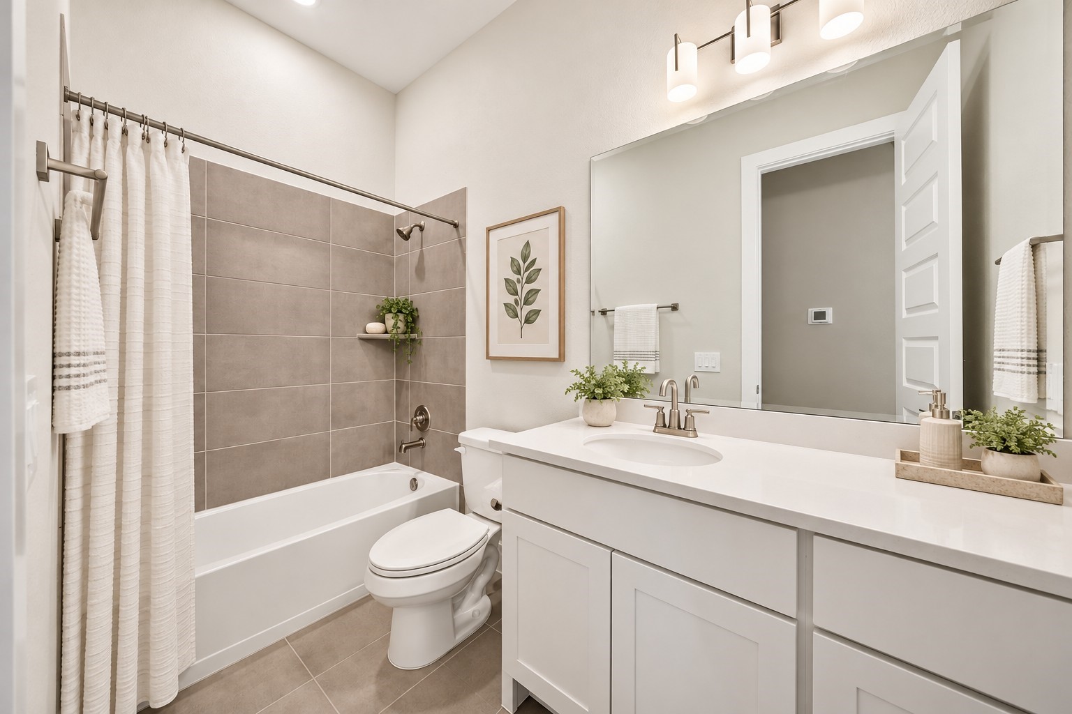 Secondary Bathroom: Beautifully appointed bathroom featuring a sleek white vanity, contemporary fixtures, and a tub/shower combination with modern tile surround.