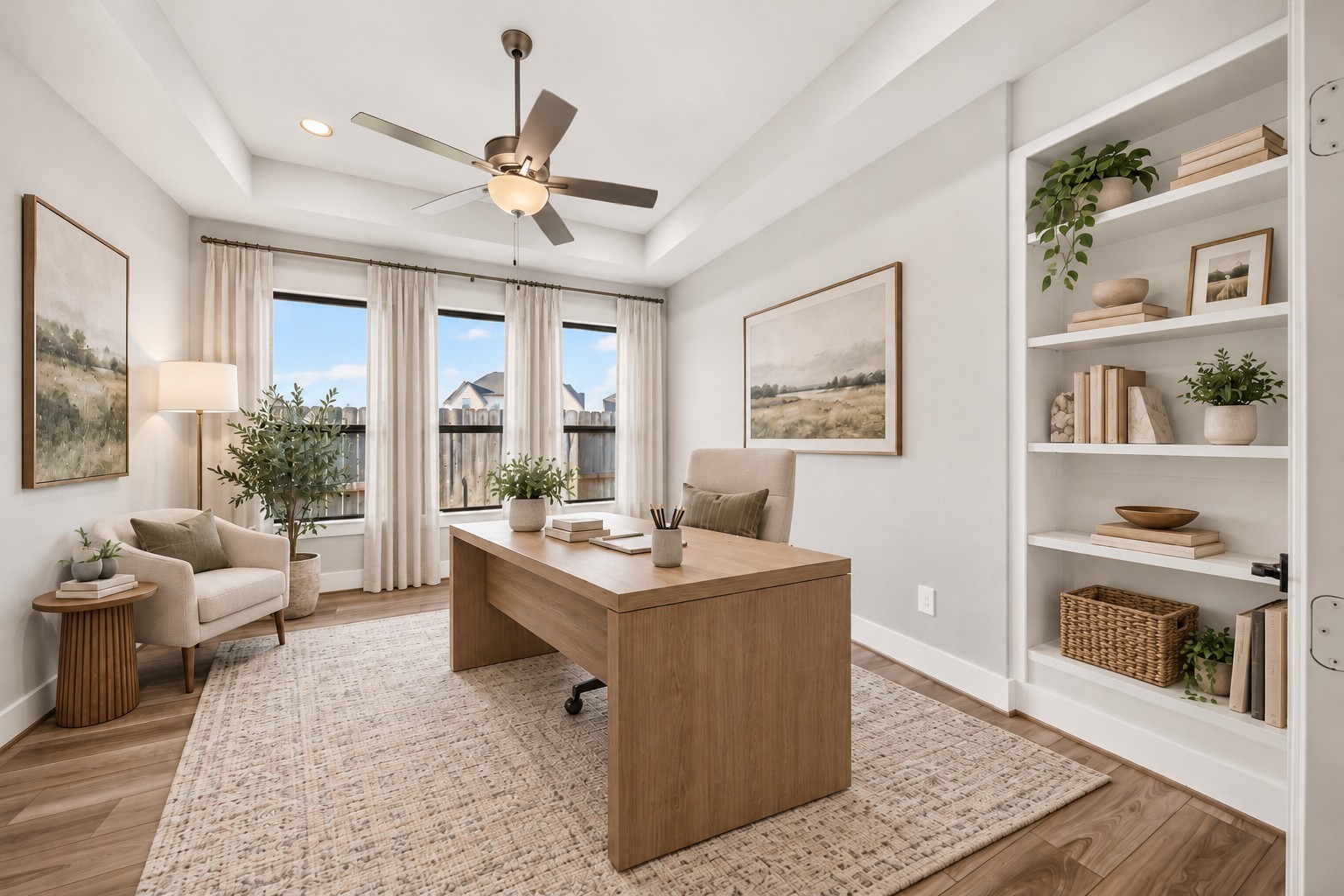 Private Home Office: Dedicated office with beautiful natural light and ample workspace, offering an inviting setting for productivity or creative pursuits.