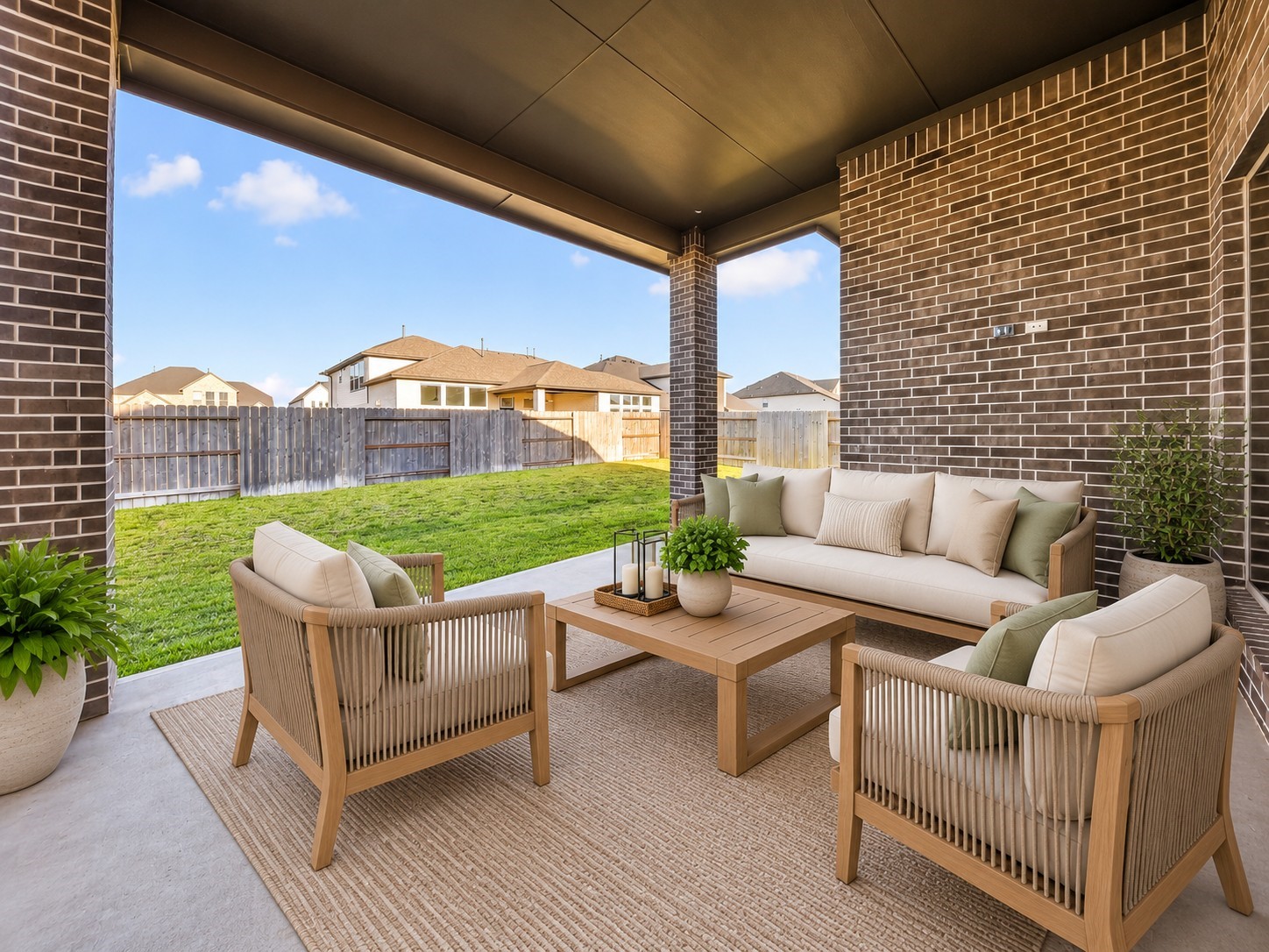 Covered Patio  Backyard View: Enjoy covered outdoor living overlooking the grassy, fenced backyard, with space for comfortable seating and relaxation.