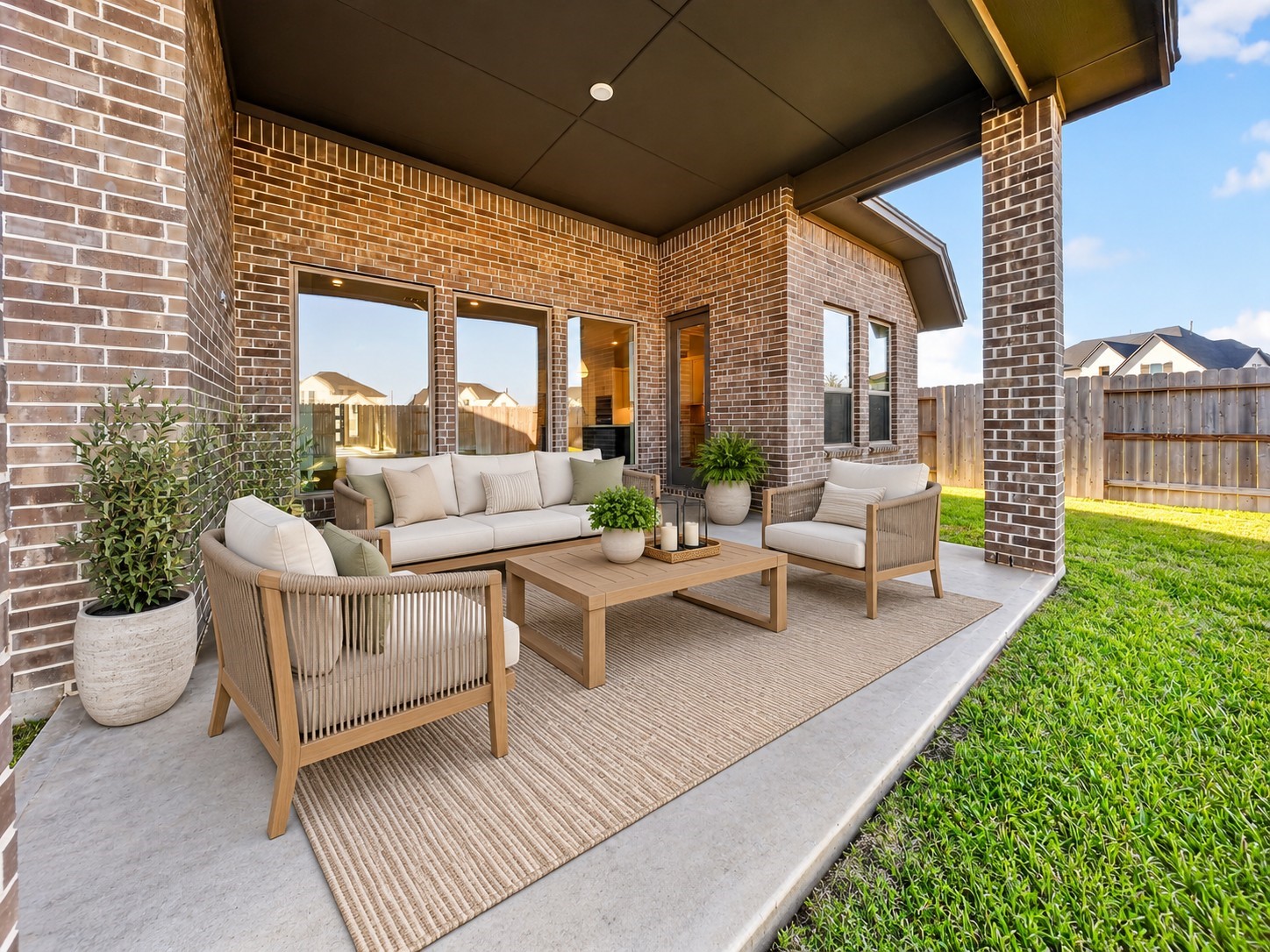 Covered Backyard Patio: Spacious covered patio with attractive brick detailing and plenty of room to create an inviting outdoor entertaining retreat.