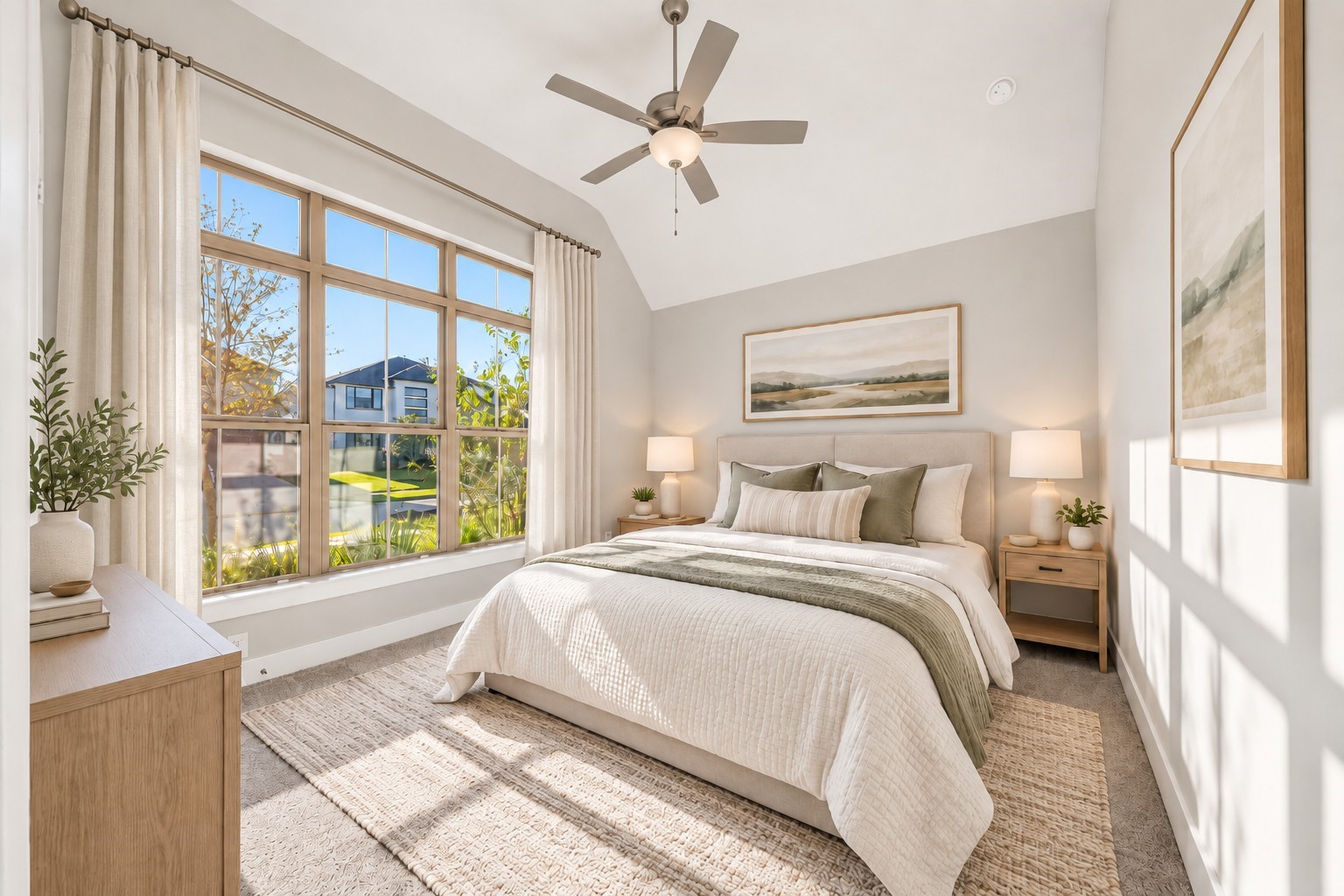 Secondary Bedroom: Sun-filled bedroom showcasing an expansive wall of windows, elevated ceilings, and an inviting layout with abundant natural light.
