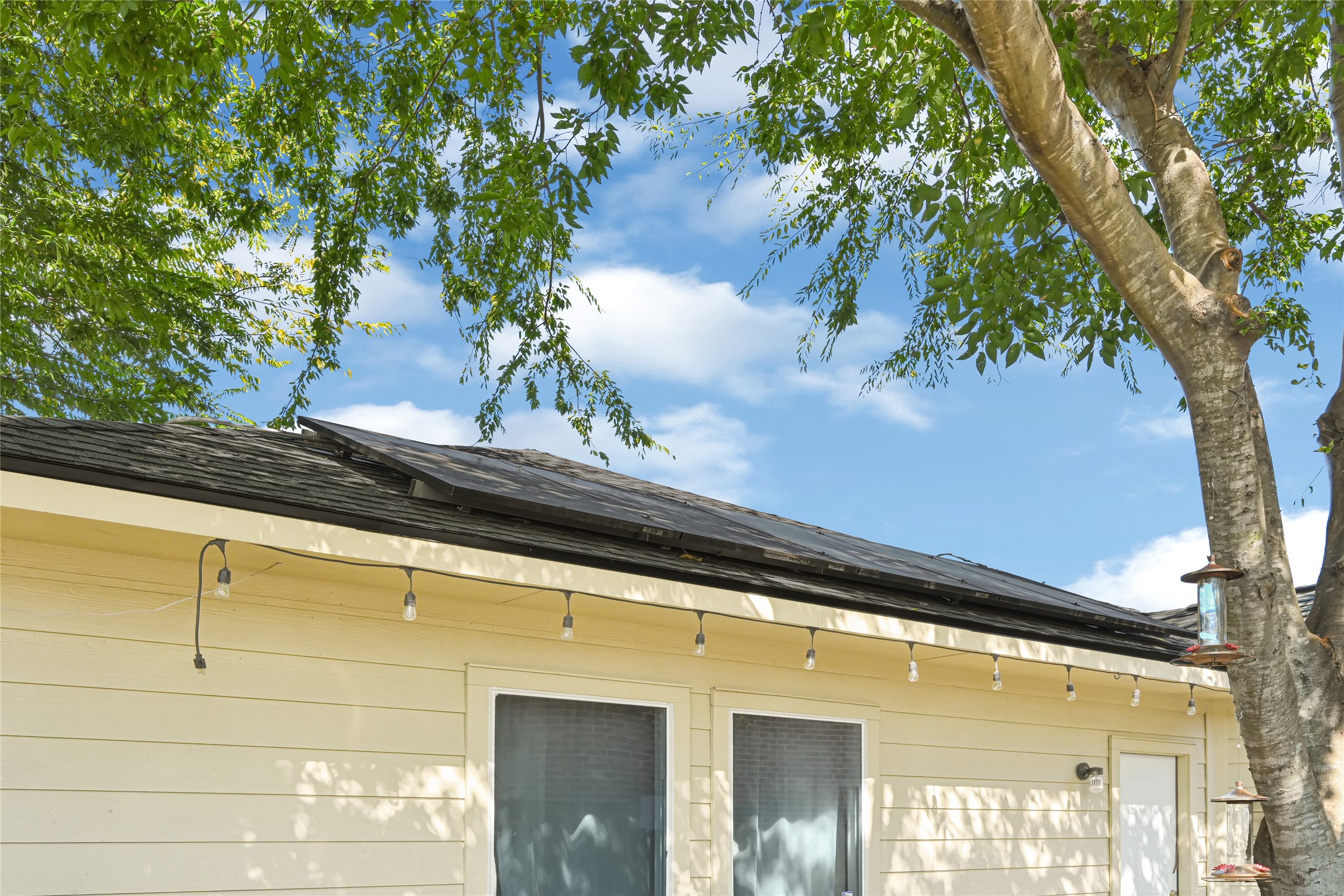 Charming home with energy-efficient solar panels, enhanced by inviting string lights and surrounded by mature trees.