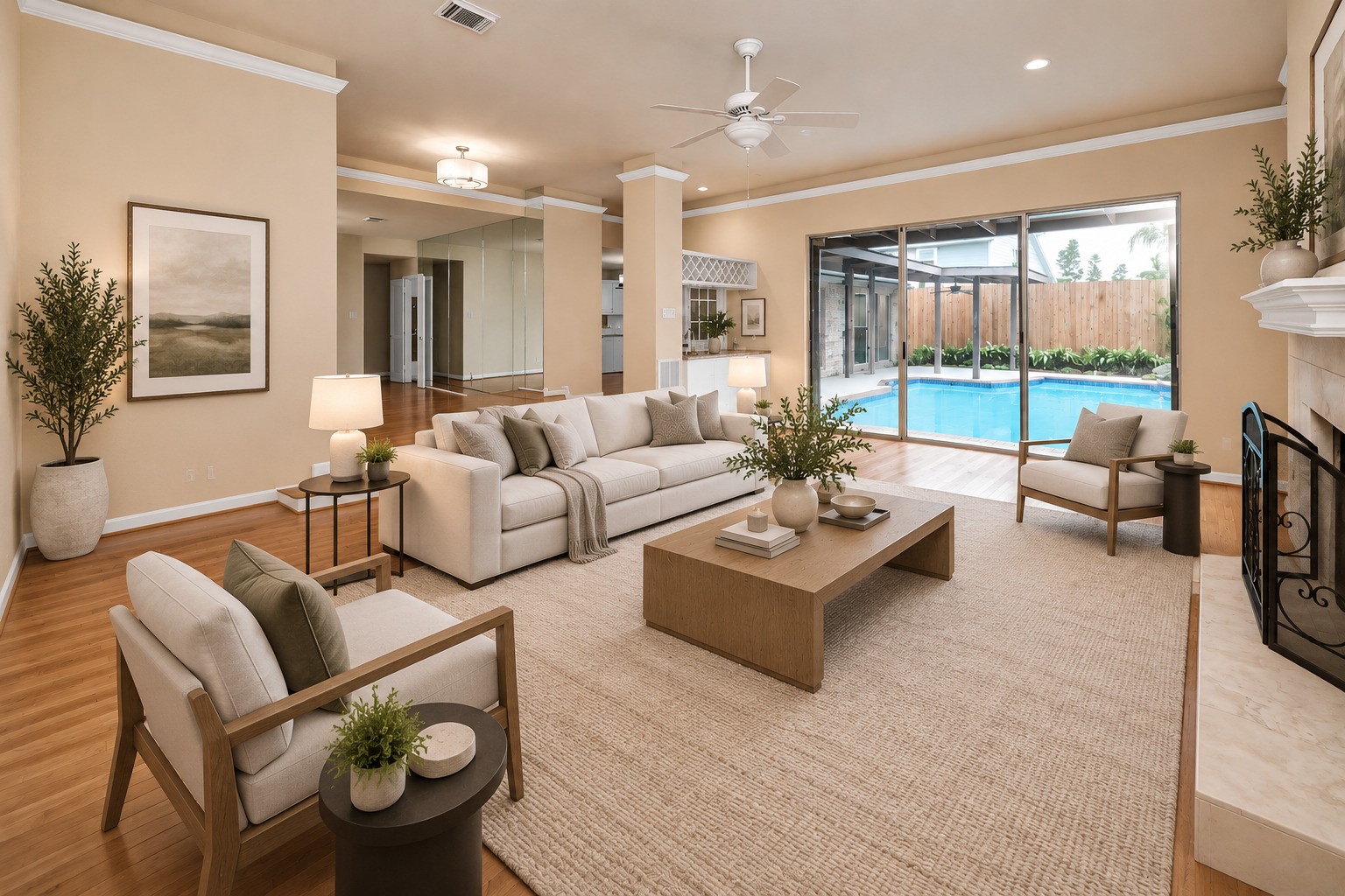 Virtually staged to showcase the generous living space and flexible furniture arrangement. Wood floors, gas fireplace and sliding glass doors create a seamless connection to the pool and outdoor living area.