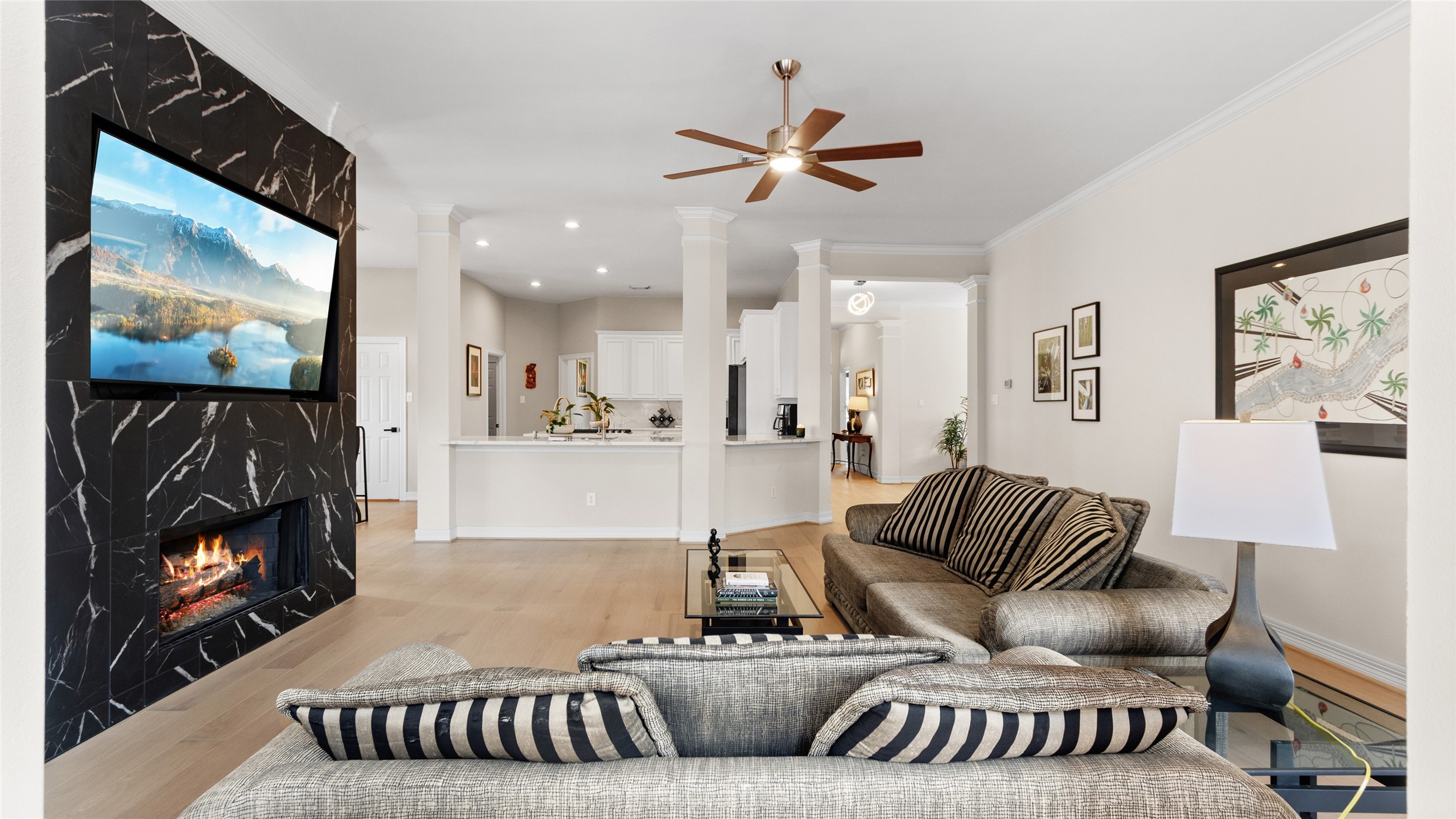 The showstopper in the Family Room is definitely the fireplace wall.