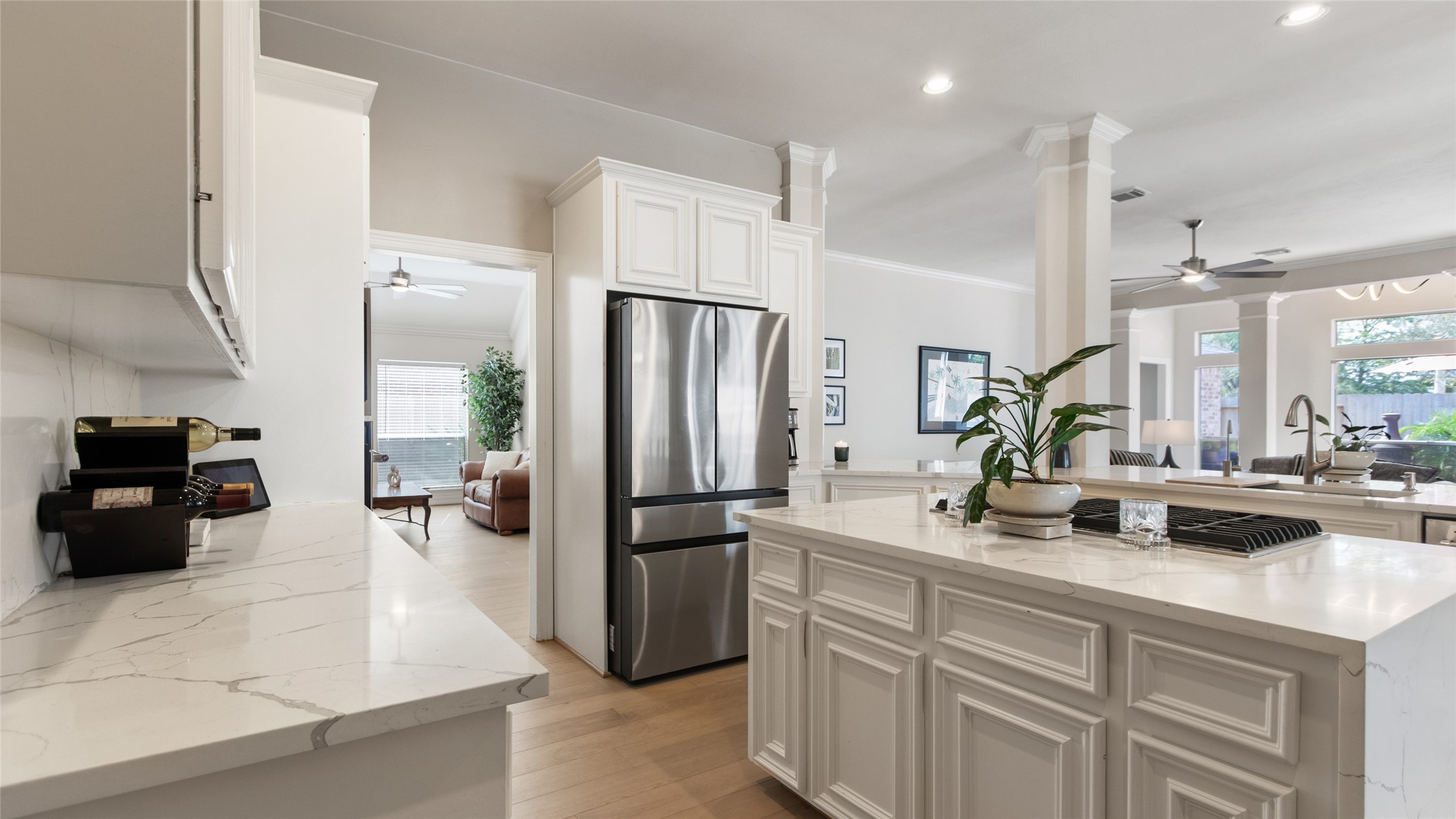 This kitchen was tastefully updated in 2025 with new appliances and quartz counters, with a waterfall edge.