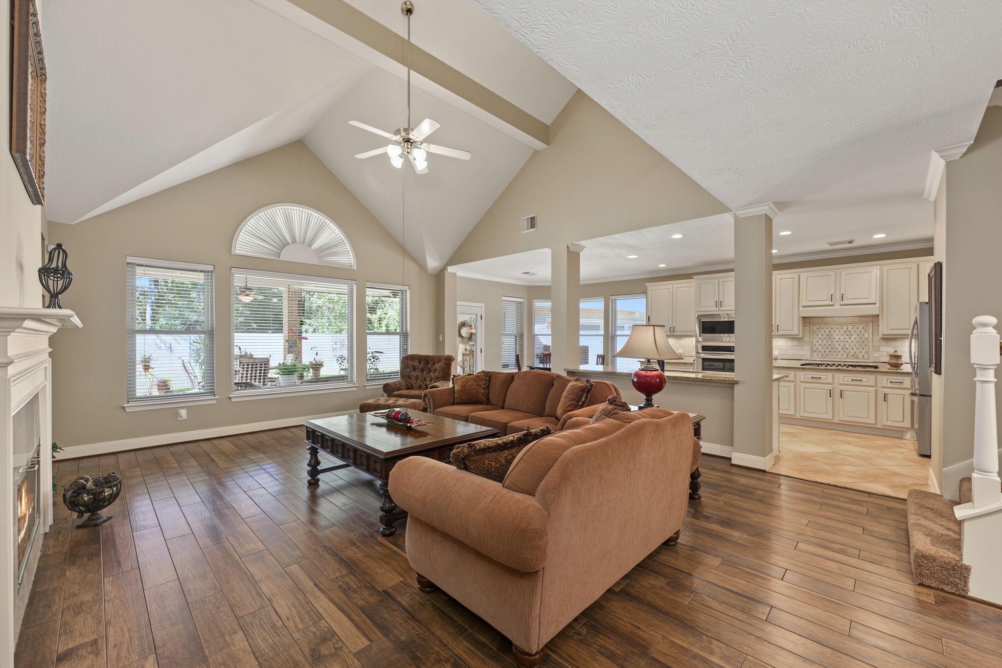 View from near the hallway of the Primary Suite looking out into the Family Room and Kitchen.