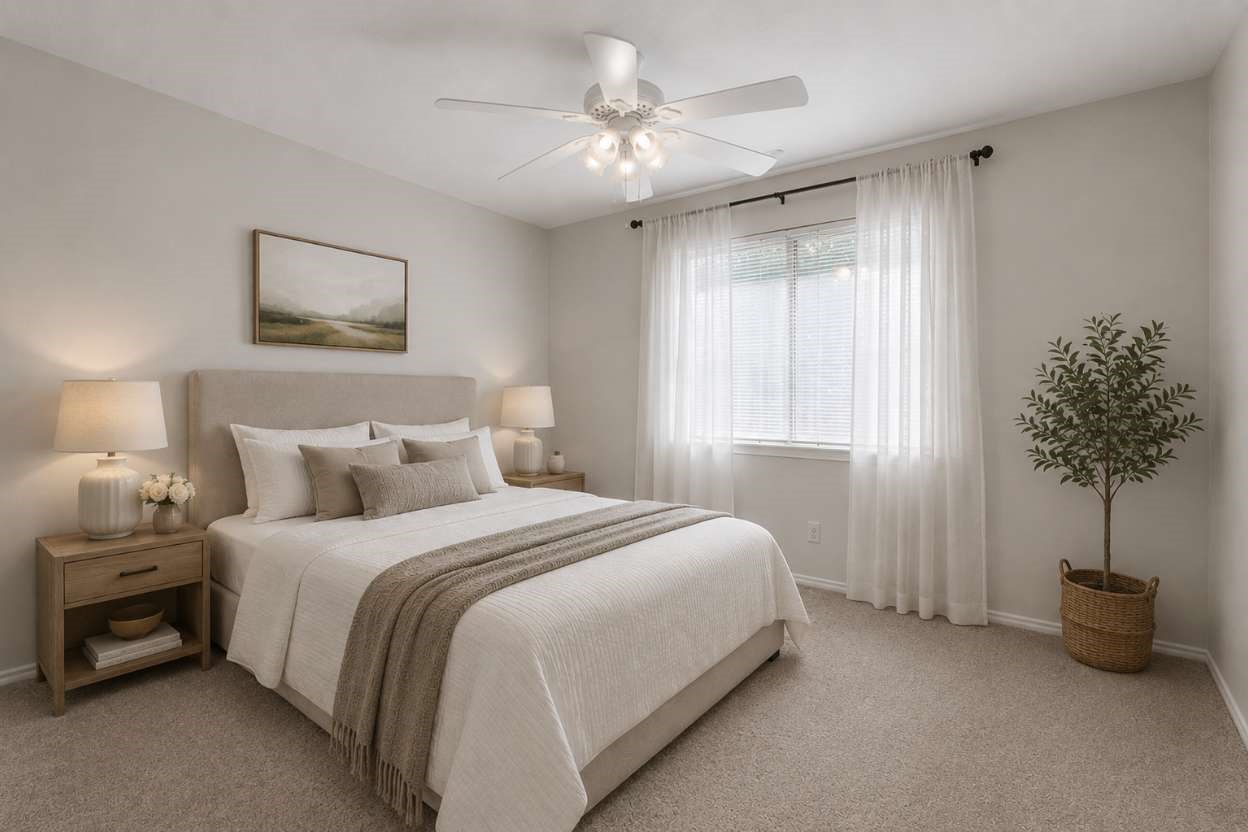Soft carpet flooring and neutral walls define this secondary bedroom, featuring a large window dressed in airy white drapes that fill the space with light. A traditional ceiling fan provides comfortable cooling and illumination. The image has been virtually staged for visual purposes.