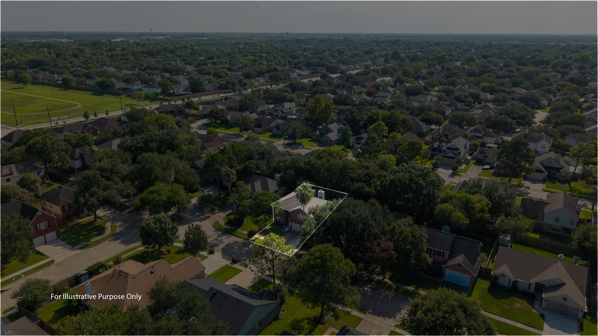 High-altitude aerial shot outlines the generous property lot, highlighting the neighborhood layout surrounded by tall trees and proximity to nearby green spaces. Zoned to award-winning schools, this residence offers quick access to local shopping, dining, and an easy commute to the Medical Center.