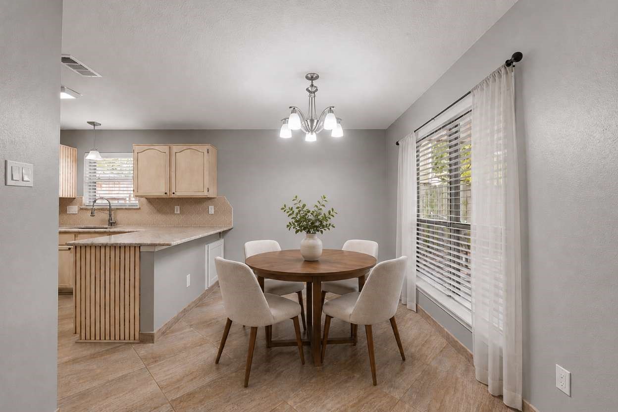 Tile flooring runs through this sunlit breakfast area, positioned next to the kitchen bar for effortless casual dining. Oversized windows frame outdoor views, while a central light fixture brightens the open-concept layout. The image has been virtually staged for visual purposes.