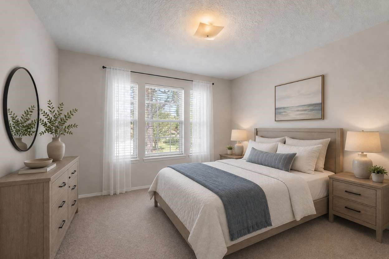 Soft carpet flooring and neutral walls define this secondary bedroom, anchored by a triple window framed with airy white drapes. A matching wooden bedroom set and nightstands create a polished, cohesive atmosphere. The image has been virtually staged for visual purposes.
