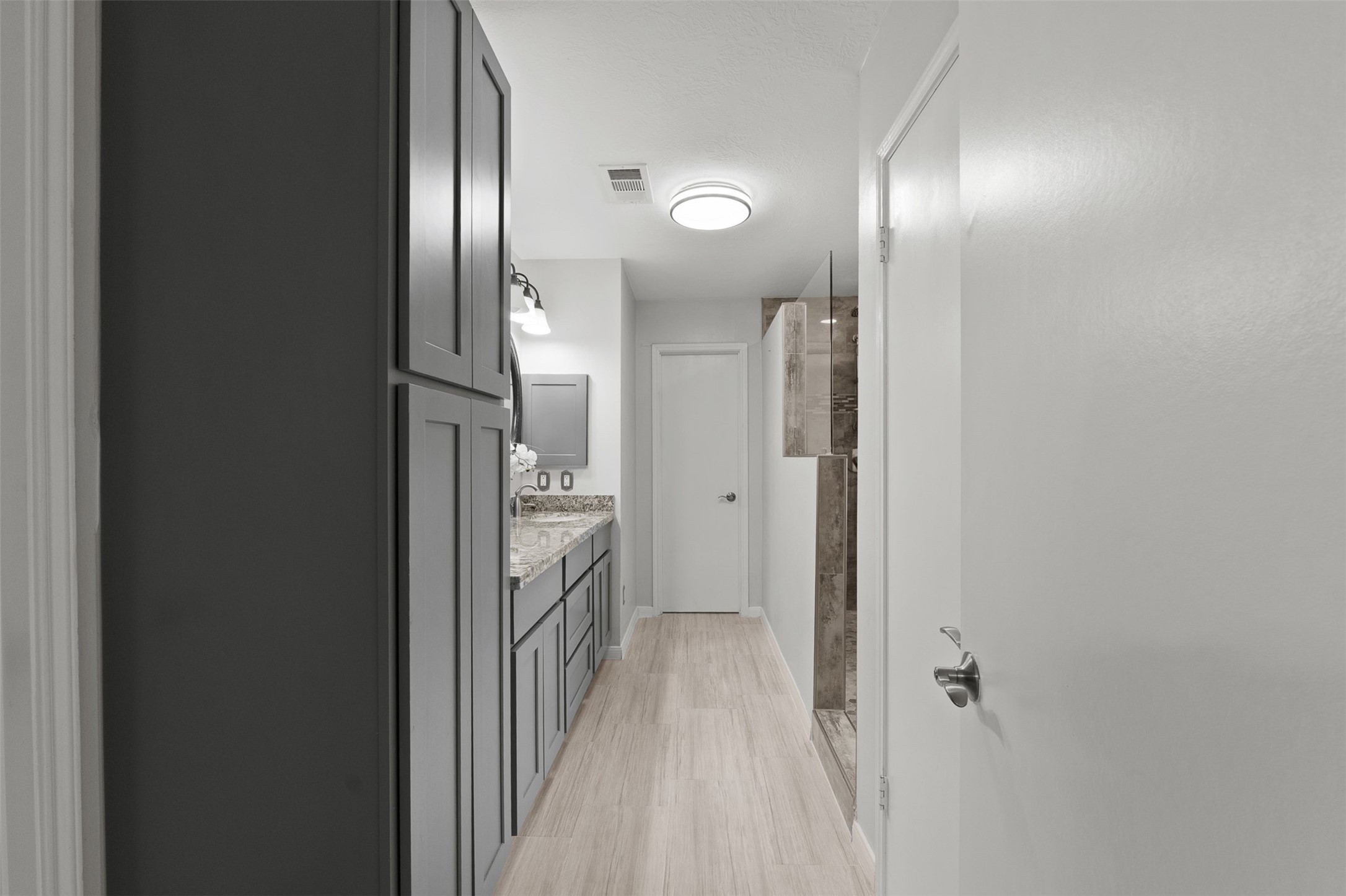 Custom tall grey cabinetry lines the hall of this renovated primary bath, offering abundant storage space alongside wood-look tile flooring. Modern vanity with granite counters features a dual sink, complemented by a sleek rain shower with glass enclosure.