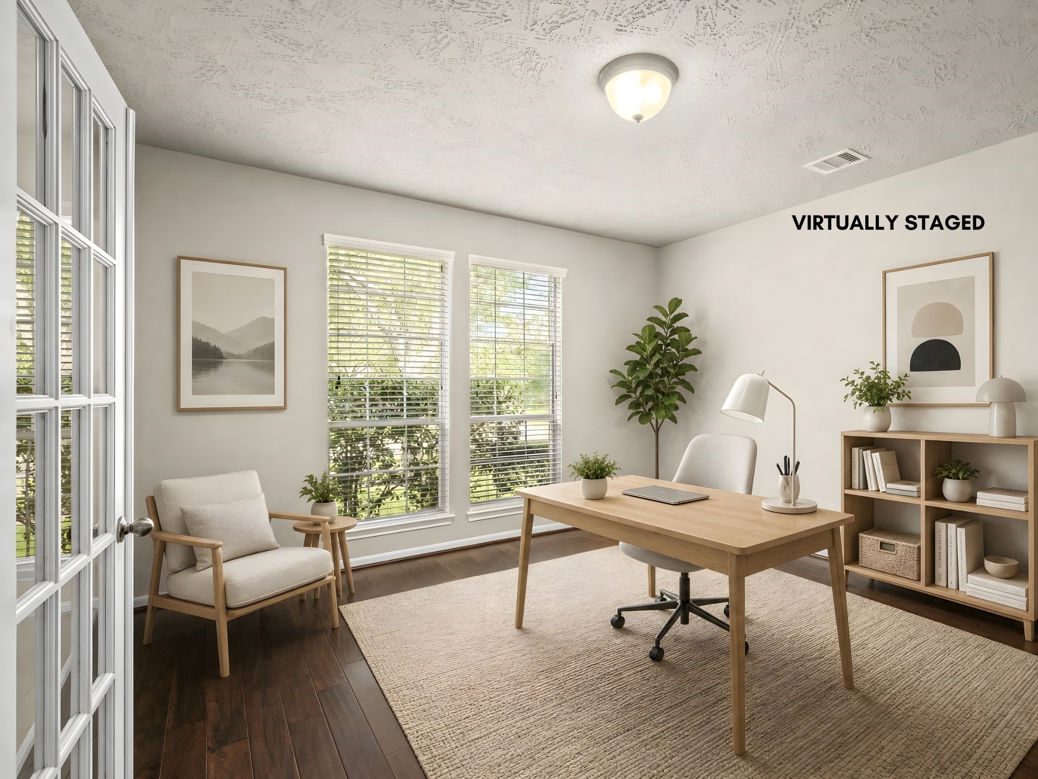 A sophisticated home office featuring rich engineered wood flooring and elegant double glass-paned doors, virtually styled to showcase the perfect work-from-home retreat bathed in natural light.