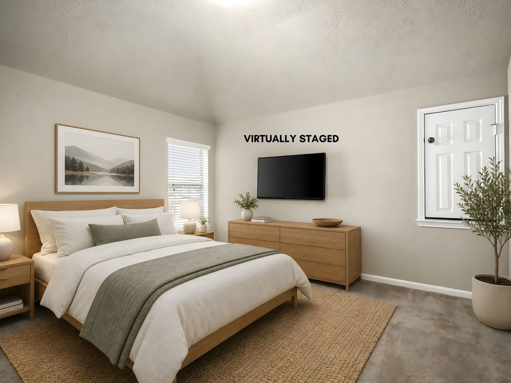 This light-filled secondary bedroom, virtually staged for warmth and comfort, offers a peaceful retreat for family or visiting guests.
