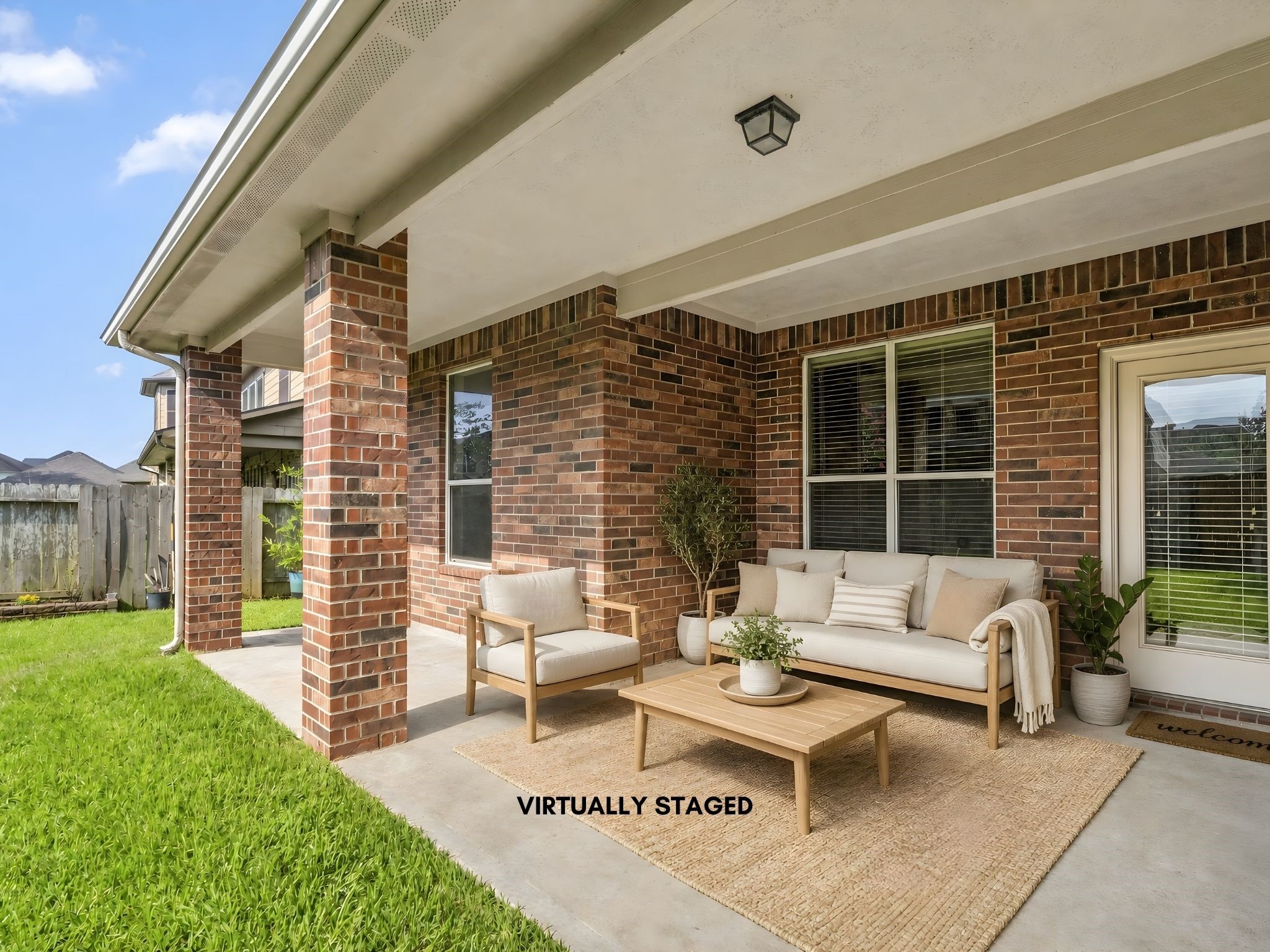 The virtually staged covered back patio invites effortless outdoor living, perfectly positioned to overlook the expansive, beautifully landscaped backyard.