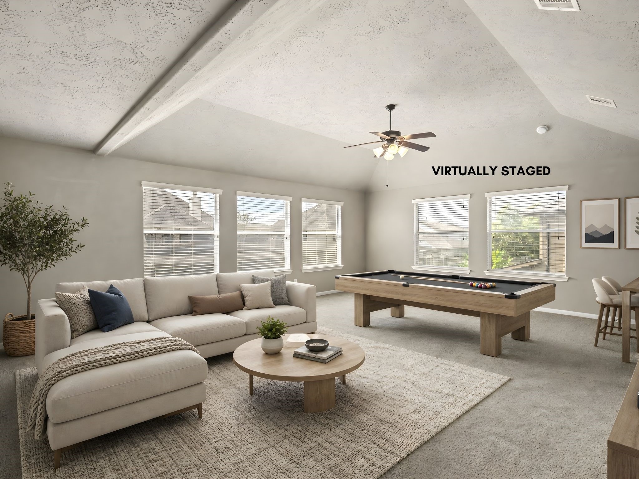 The expansive game room offers plush carpet and abundant space, virtually staged to showcase its potential as the ultimate entertainment hub for family and friends.