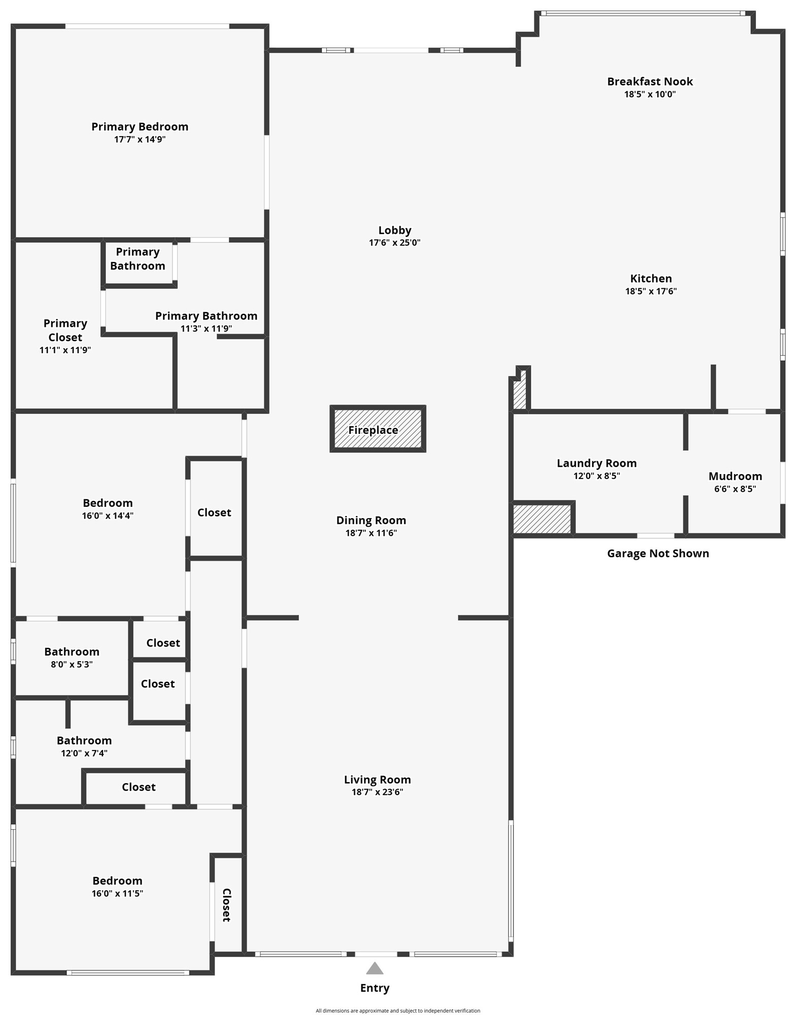 Floor plan of the single-story home with approximate room dimensions.