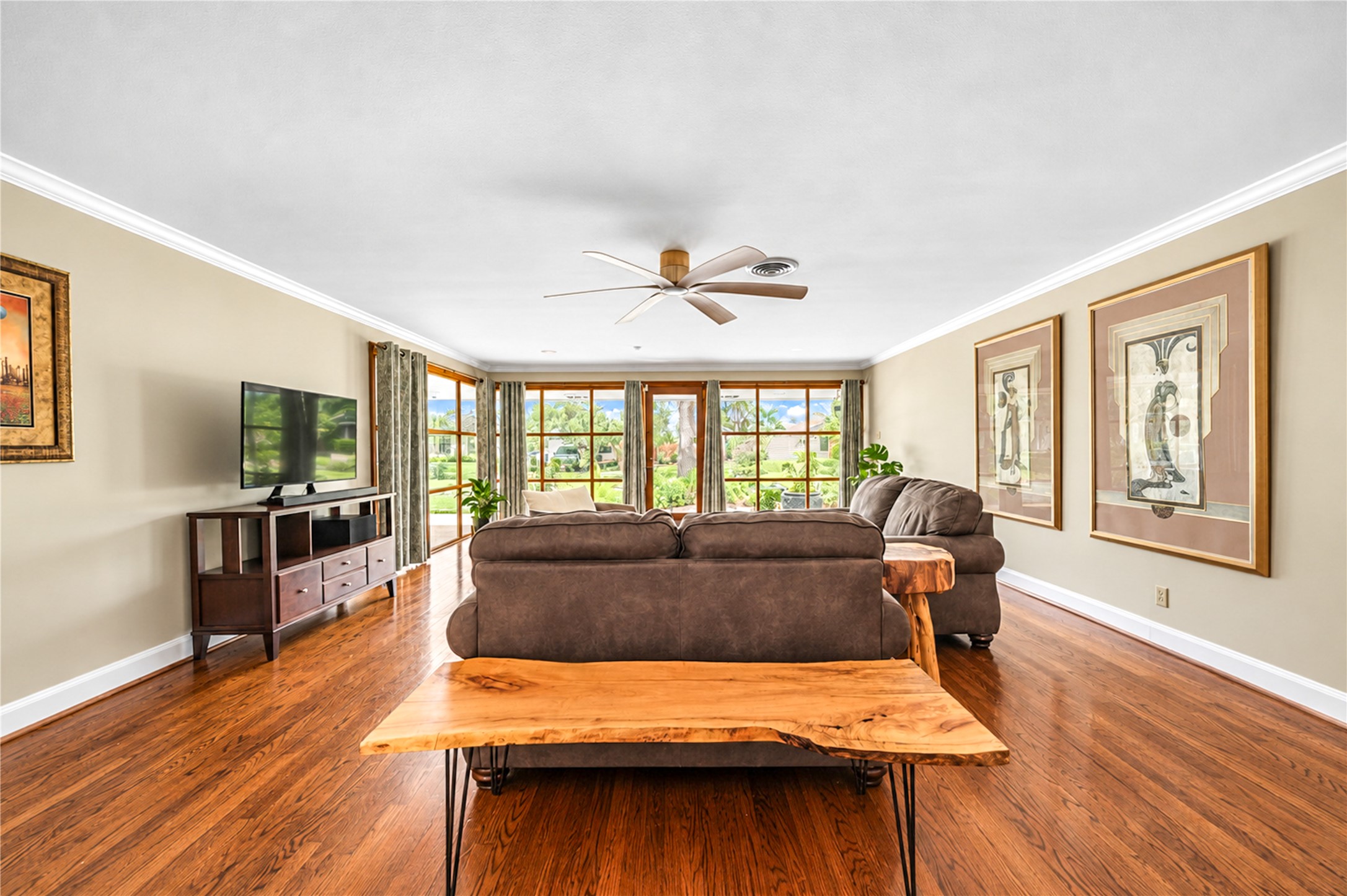 A striking two-sided fireplace adds architectural interest to the dining area and connects the adjoining living spaces. A striking two-sided fireplace adds architectural interest to the dining area and connects the adjoining living spaces.