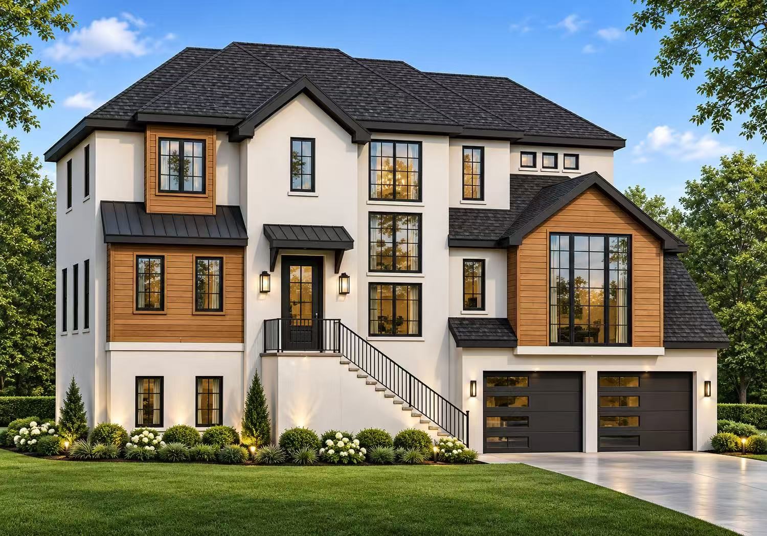 Fabulous two story new construction, thoughtfully crafted by Yuva Homes and deigned by Todd Rice, the expansive windows allow natural light throughout the home. Currently in Frame stage this rendering shows the finishes soon to be applied.