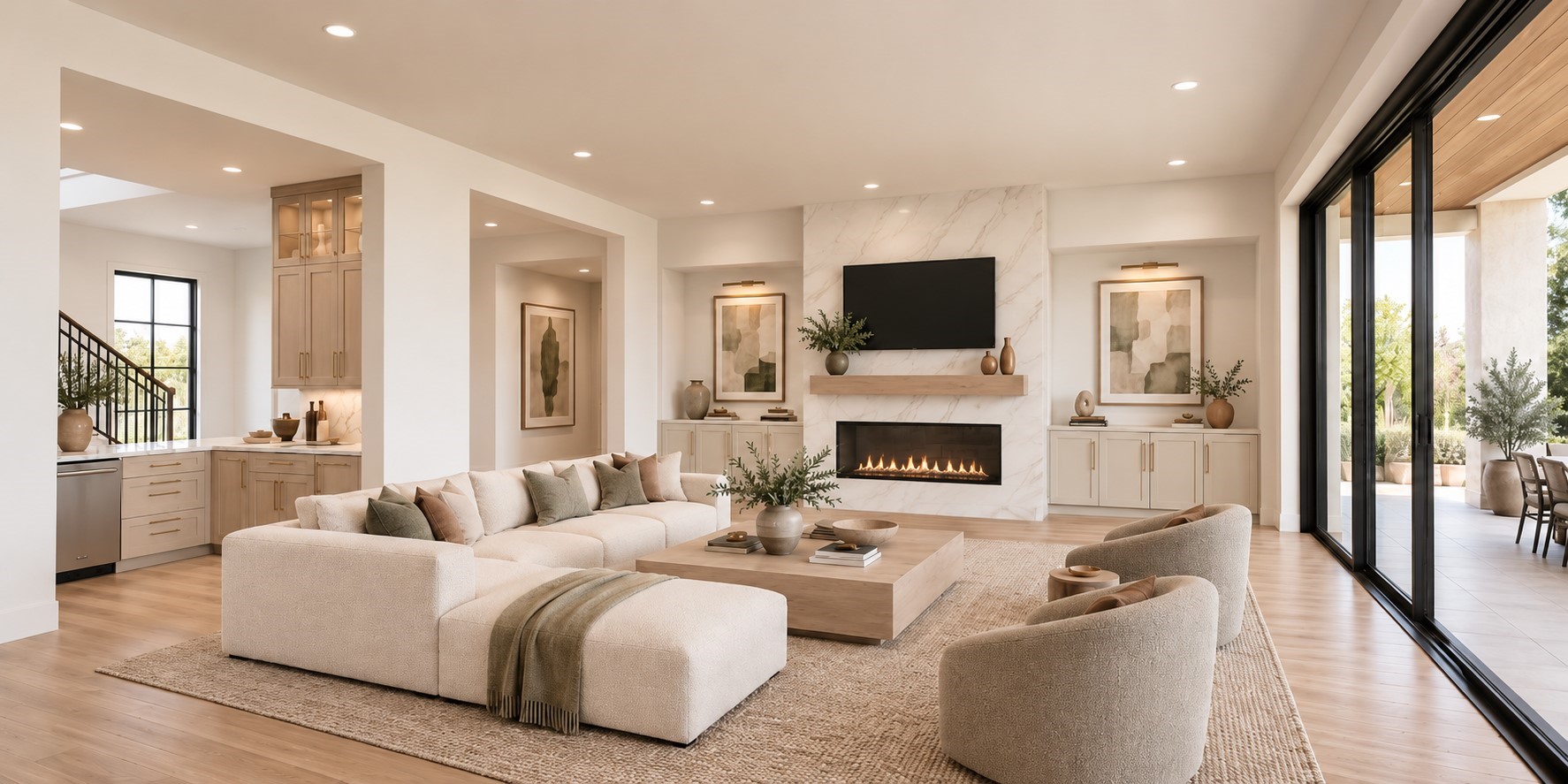 The expansive family room features high ceilings , a fabulous fireplace wall with built-ins Expansive doors open to the 21X15 veranda. The wet bar is open to the entry and family room. (Rendering)