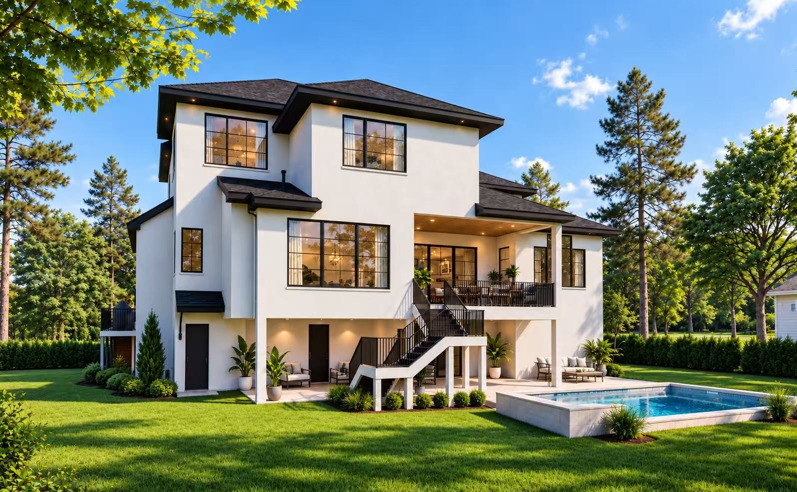 This rendering of the back yard shows a rendering of a pool that can be added at Buyer's option.