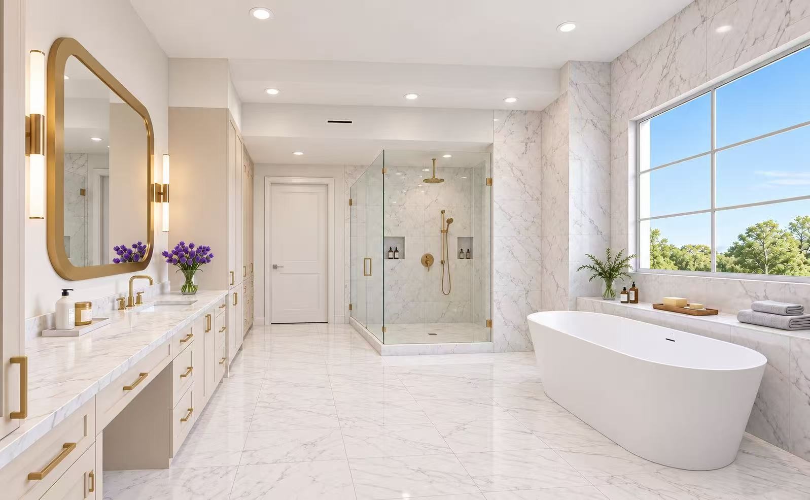The primary suite is on the first floor. The lavish bath includes double sinks, sit down vanity elegant tub and walk-in shower. (Rendering)