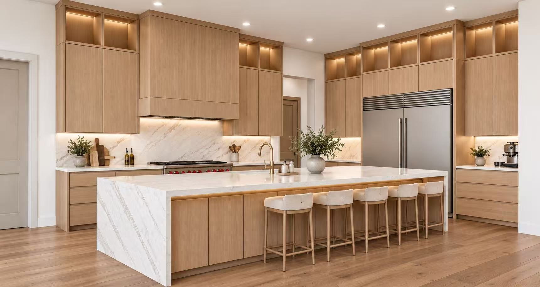 The large Island kitchen features Thermador appliances, waterfall quartzite Island w/ additional storage, custom cabinets and much more. (Rendering)