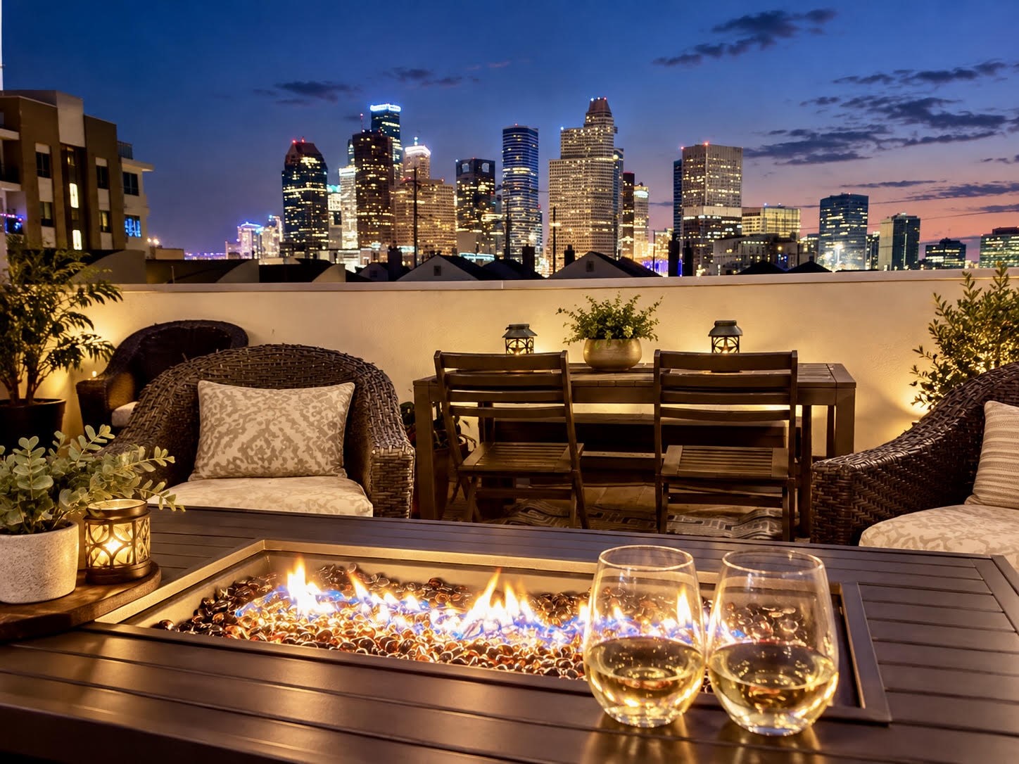 Picture yourself pouring a glass of wine by the glow of the built-in fire table as dusk settles, taking in unobstructed, front-row panoramic views of the illuminated downtown skyline. With ample room for cozy lounge seating and al fresco dining, this elevated haven offers an intimate retreat right above the energy of the city.