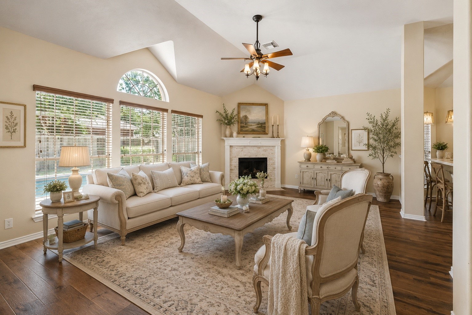 Virtually staged to showcase the rooms potential, this expansive family room offers an inviting setting for everyday living and entertaining, with soaring ceilings, large windows, and a layout that easily accommodates multiple seating areas.