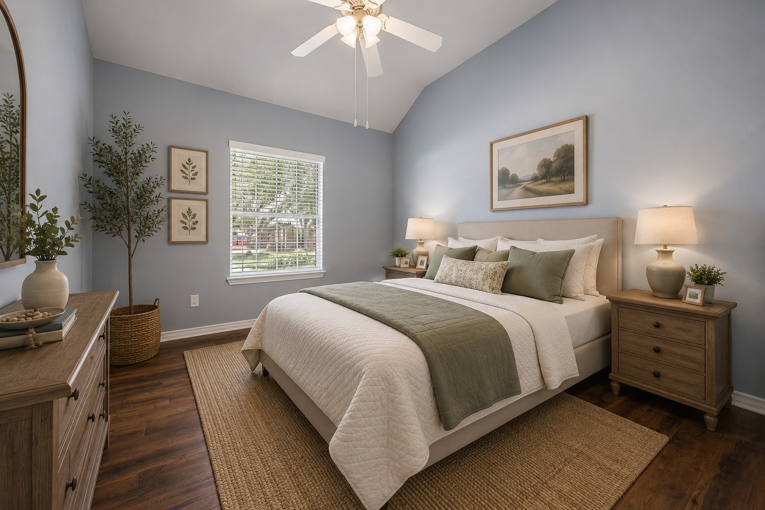 Virtually staged secondary bedroom showcases the rooms generous size and versatility, with engineered hardwood flooring, a large window for natural light, and ample space for comfortable furnishings and storage.