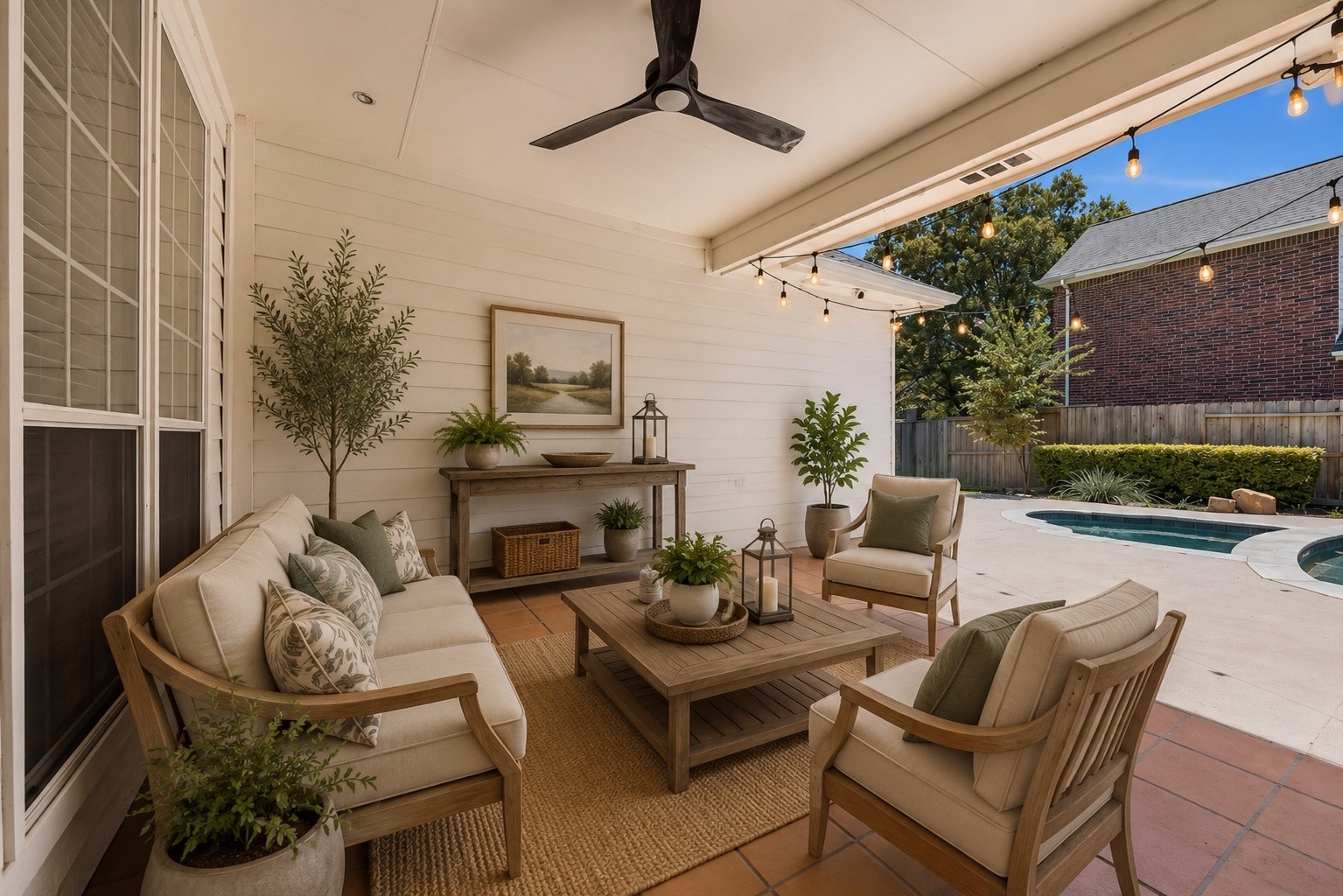 Virtually staged covered back patio showcases an inviting outdoor living space perfect for relaxing or entertaining, with a ceiling fan, plenty of room for comfortable seating, and beautiful views of the private backyard and pool.