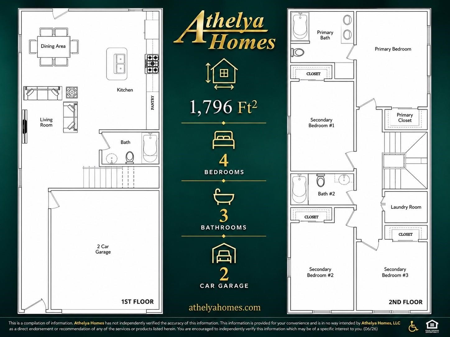 Detailed 2-story floor plan featuring 4 bedrooms, 3 full bathrooms & a 2-car garage. The first floor offers an open-concept living, dining & kitchen area with a full bathroom. Upstairs includes the primary suite, three secondary bedrooms, two full bathrooms & a dedicated laundry room.