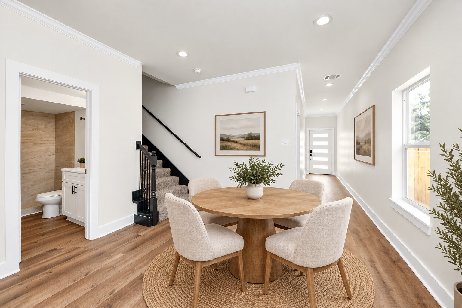 Dedicated dining area featuring recessed lighting, LVP flooring, natural light & convenient access to the kitchen, staircase & downstairs full bathroom | Virtually staged