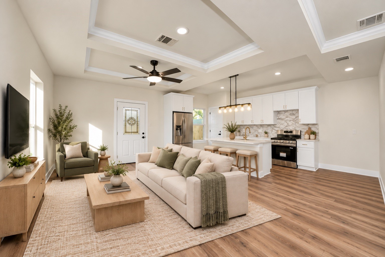 Inviting living room featuring elegant tray ceilings, recessed lighting, ceiling fan, large windows & an open layout designed for comfortable everyday living | Virtually staged Inviting living room featuring elegant tray ceilings, recessed lighting, ceiling fan, large windows & an open layout designed for comfortable everyday living | Virtually staged
