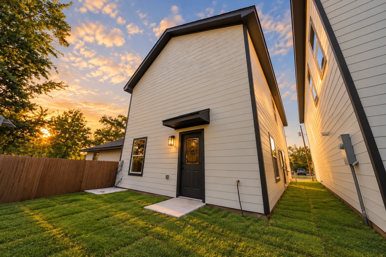 Rear exterior view showcasing the home's modern design, fully fenced backyard, private outdoor space & convenient access from the main living area.