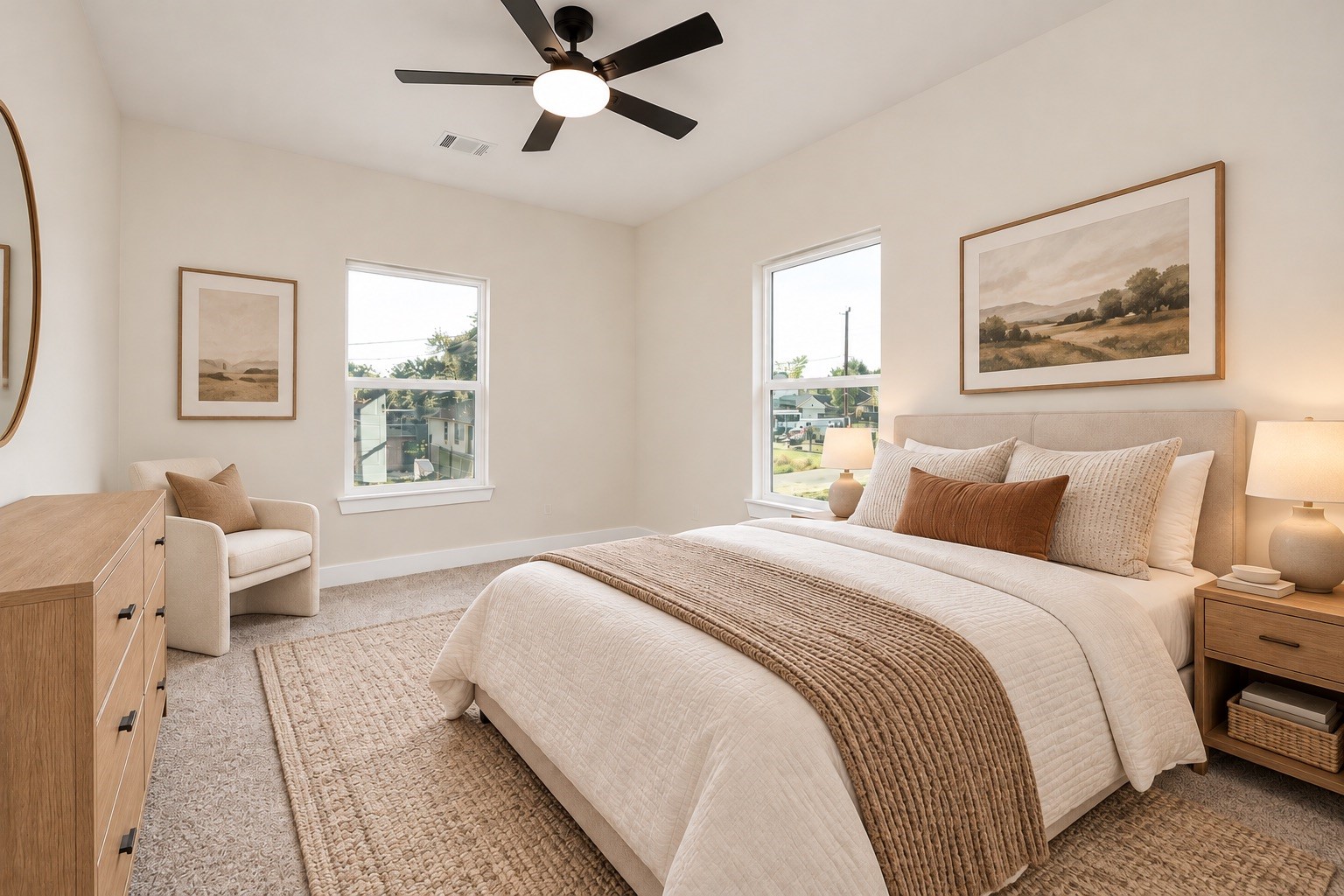 Additional upstairs bathroom featuring a tiled tub/shower combination, quartz vanity countertop, modern cabinetry, decorative fixtures & durable LVP flooring.