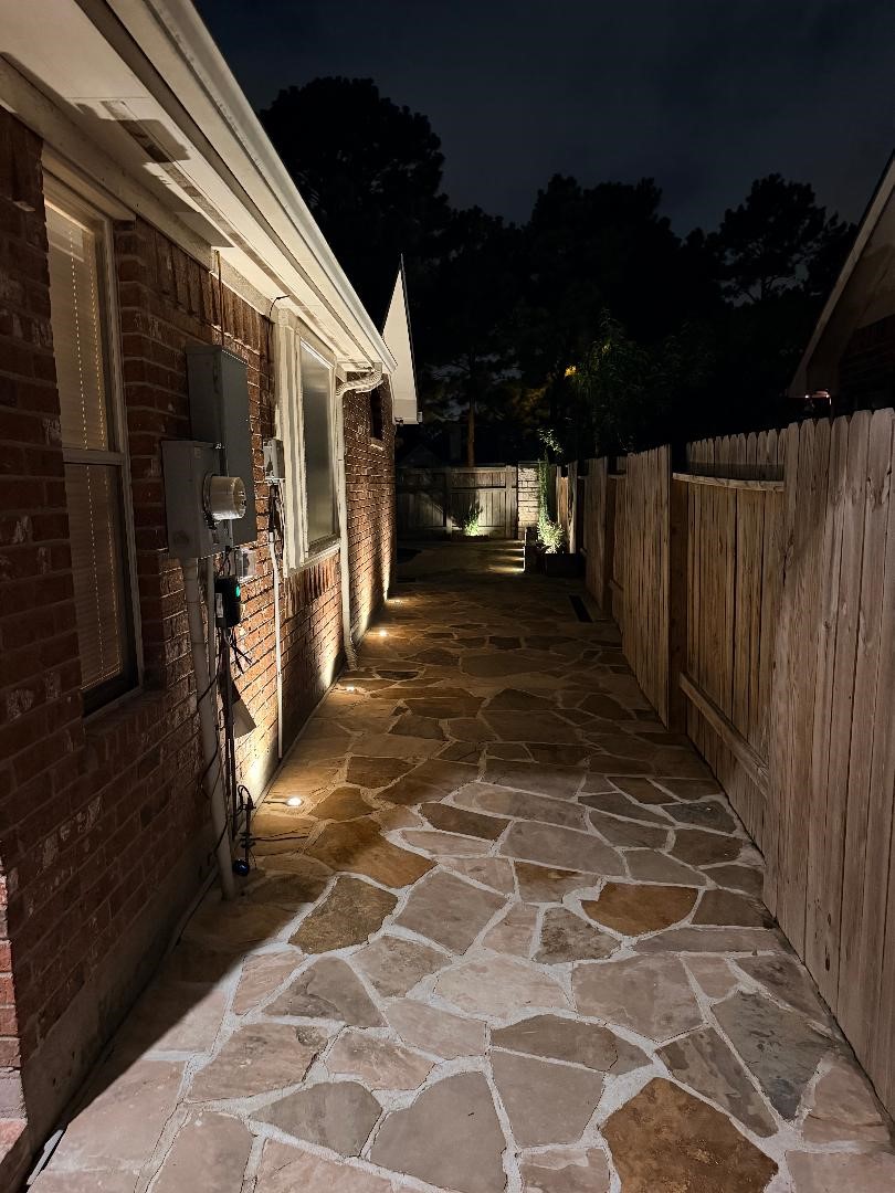 Landscape lighting on side of the backyard.