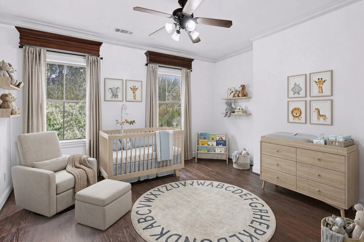 This secondary bedroom is imagined as a charming nursery with a cozy armchair, soft neutral tones, and whimsical animal accents, featuring a stylish crib and ample natural light. *Photo is virtually staged*