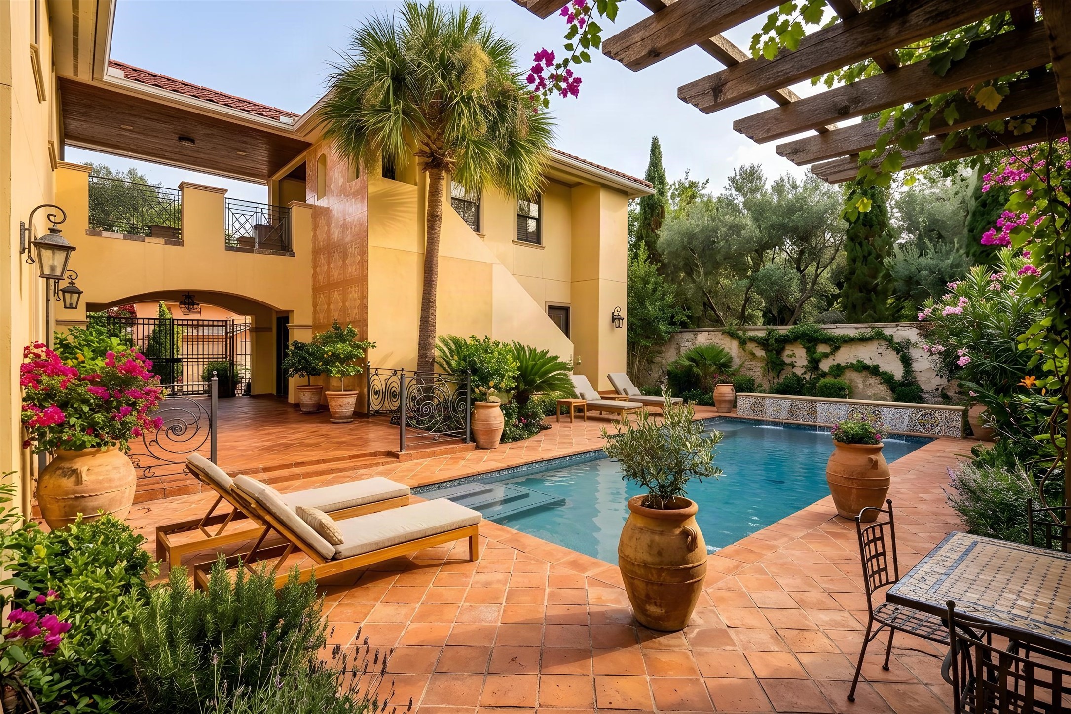Backyard space imagined as a stunning Mediterranean-style courtyard featuring a sparkling pool, lush landscaping, and elegant terracotta tiles, perfect for luxurious outdoor living and relaxation. *Photo is virtually rendered and staged*