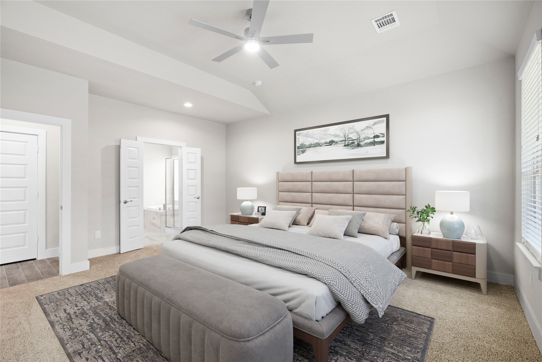 Come decompress in the stunning primary suite after a lengthy day! Experience the luxury of plush carpeting, warm paint hues, high ceilings, and large windows featuring privacy blinds. Virtual staged. Sample photo of completed home with similar floor plan. Actual colors and selections may vary.