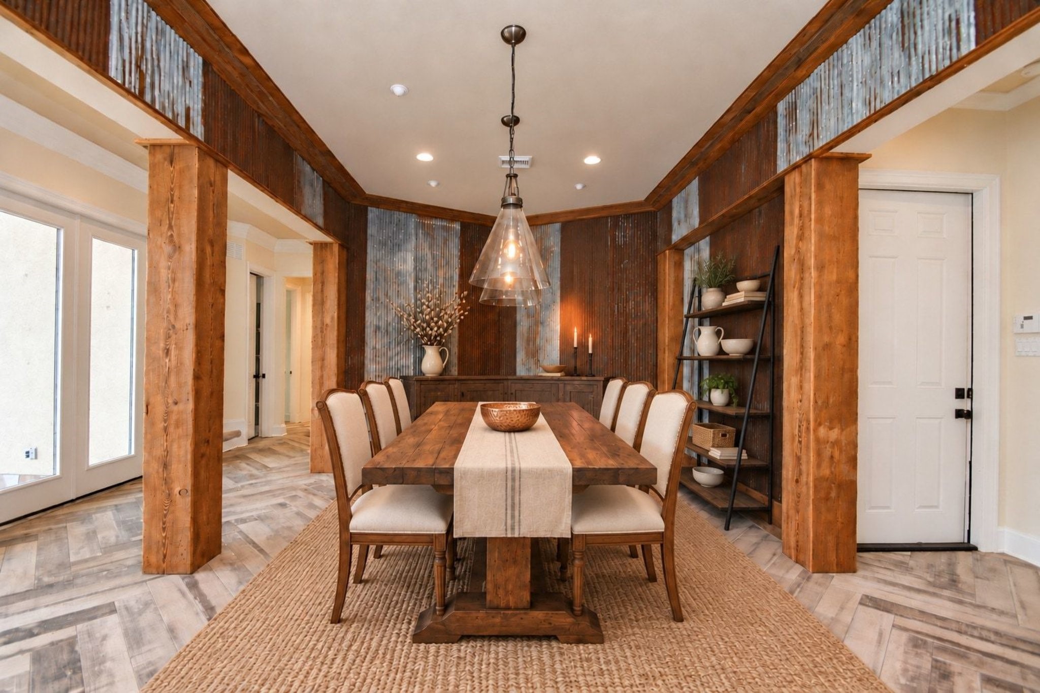 Virtually staged dining room featuring custom millwork, designer lighting, and staged furniture to showcase optimal layout and entertaining potential!