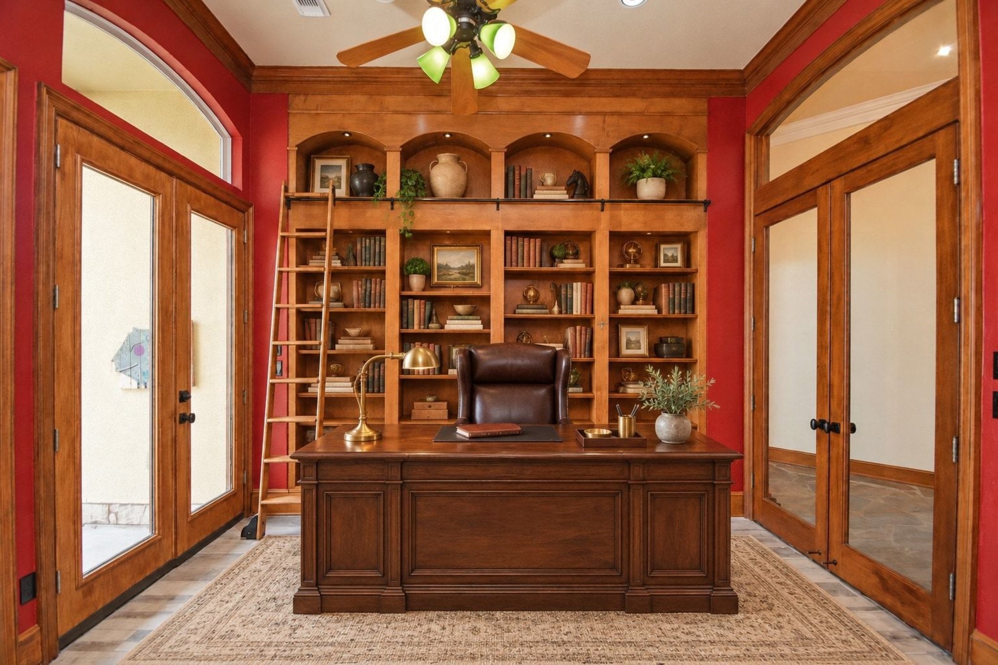 Virtually staged study/library with rich wood paneling and custom built-in cabinetry!