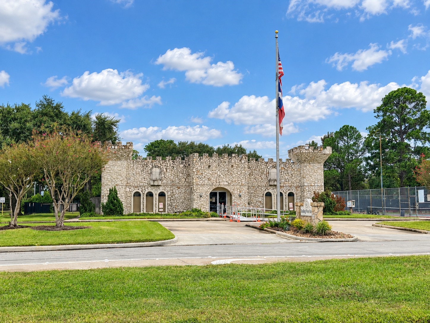 The community center for the Rolling Fork looks like a castle and is surrounded by the pool and tennis courts