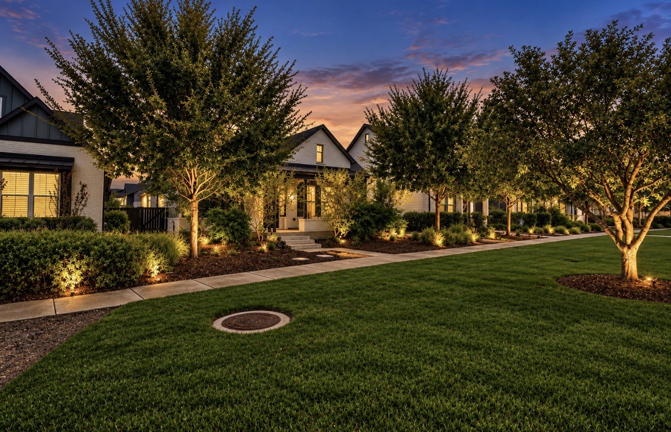 Evening exterior pairs mature landscaping with a peaceful setting in one of Bridgelands thoughtfully planned villages.