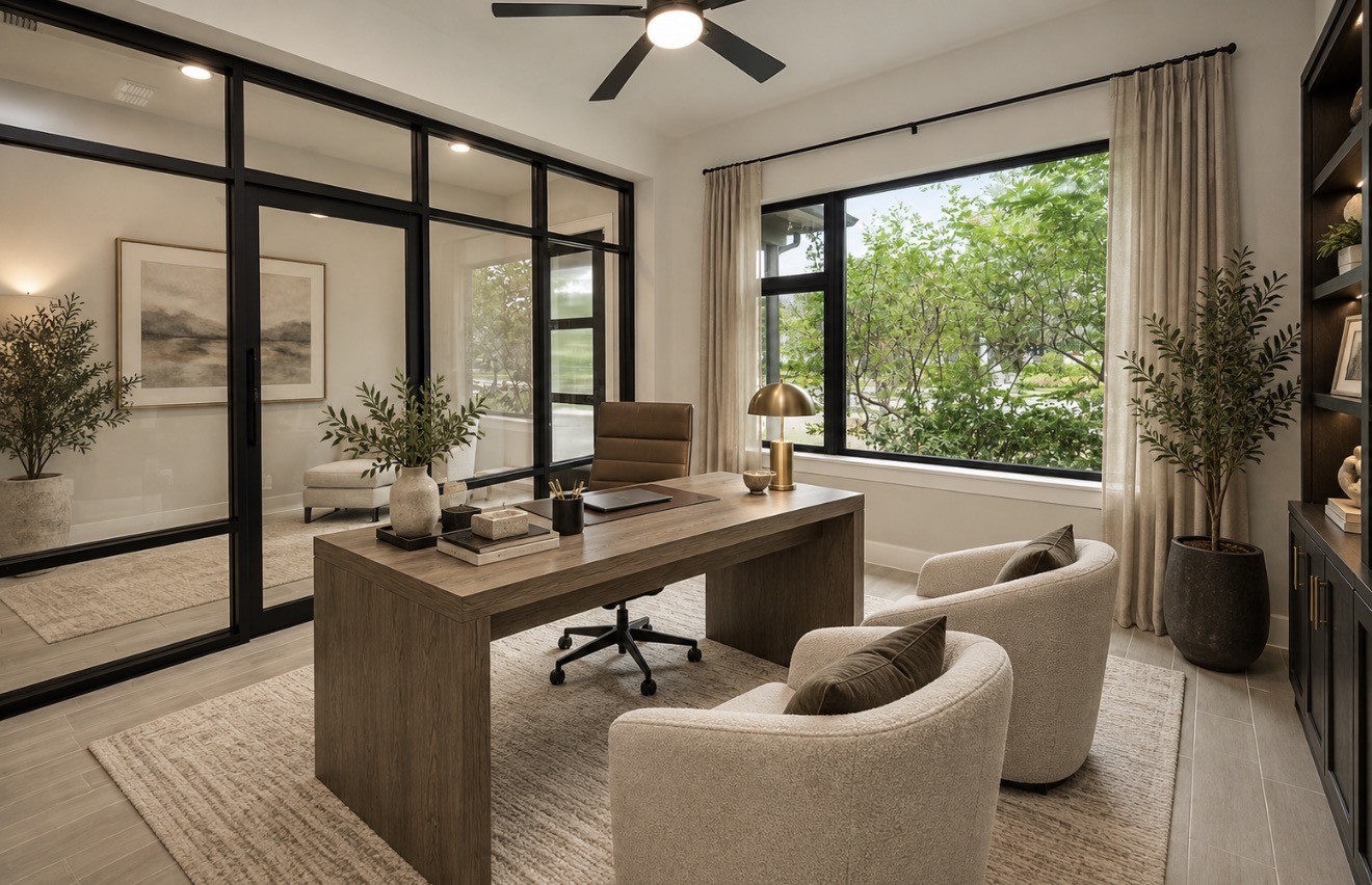 Virtually staged to showcase the flex space as a modern office/sitting area.