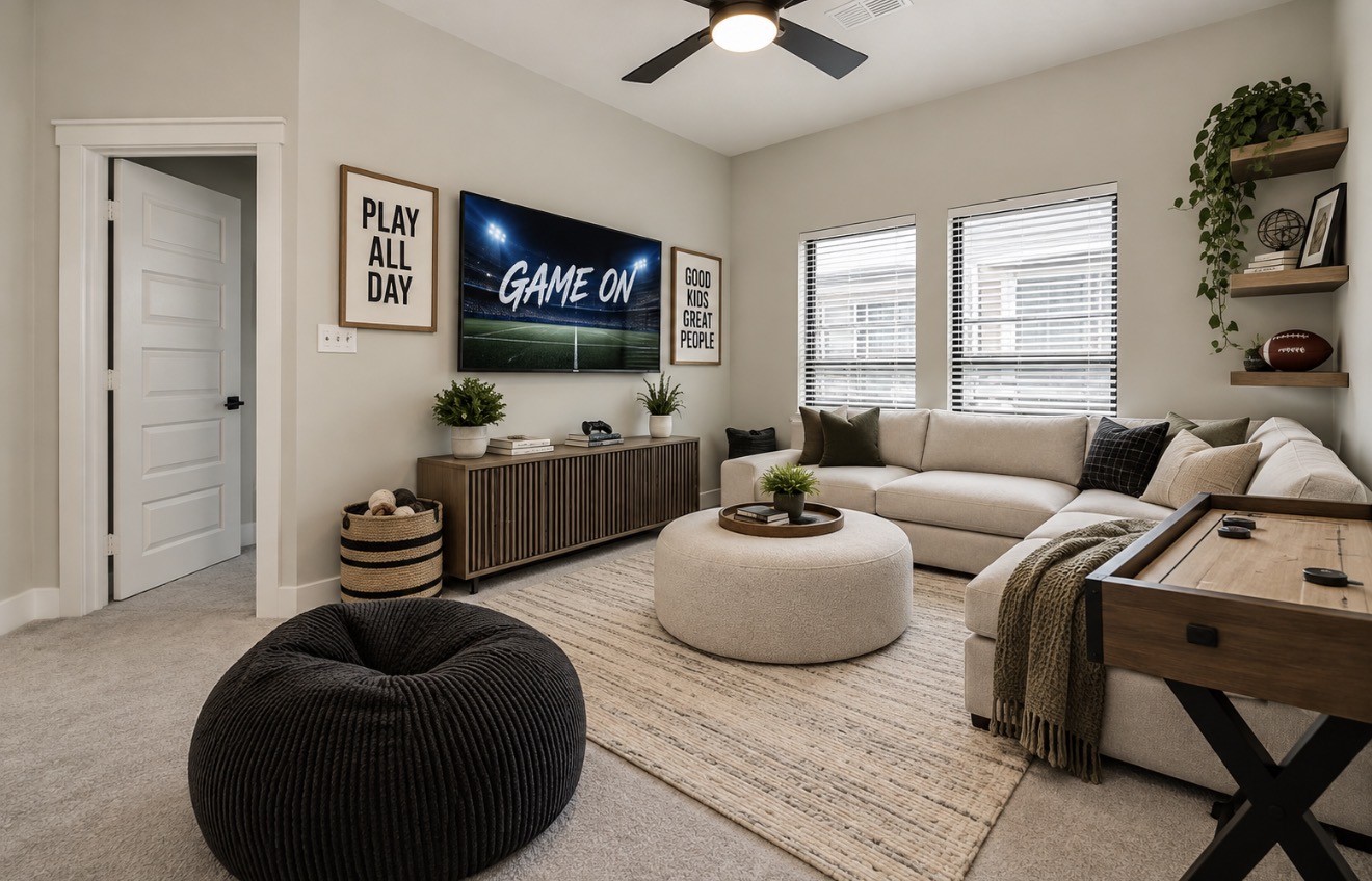 Virtually staged. Game room concept demonstrates a fun, comfortable destination for entertainment and relaxation.