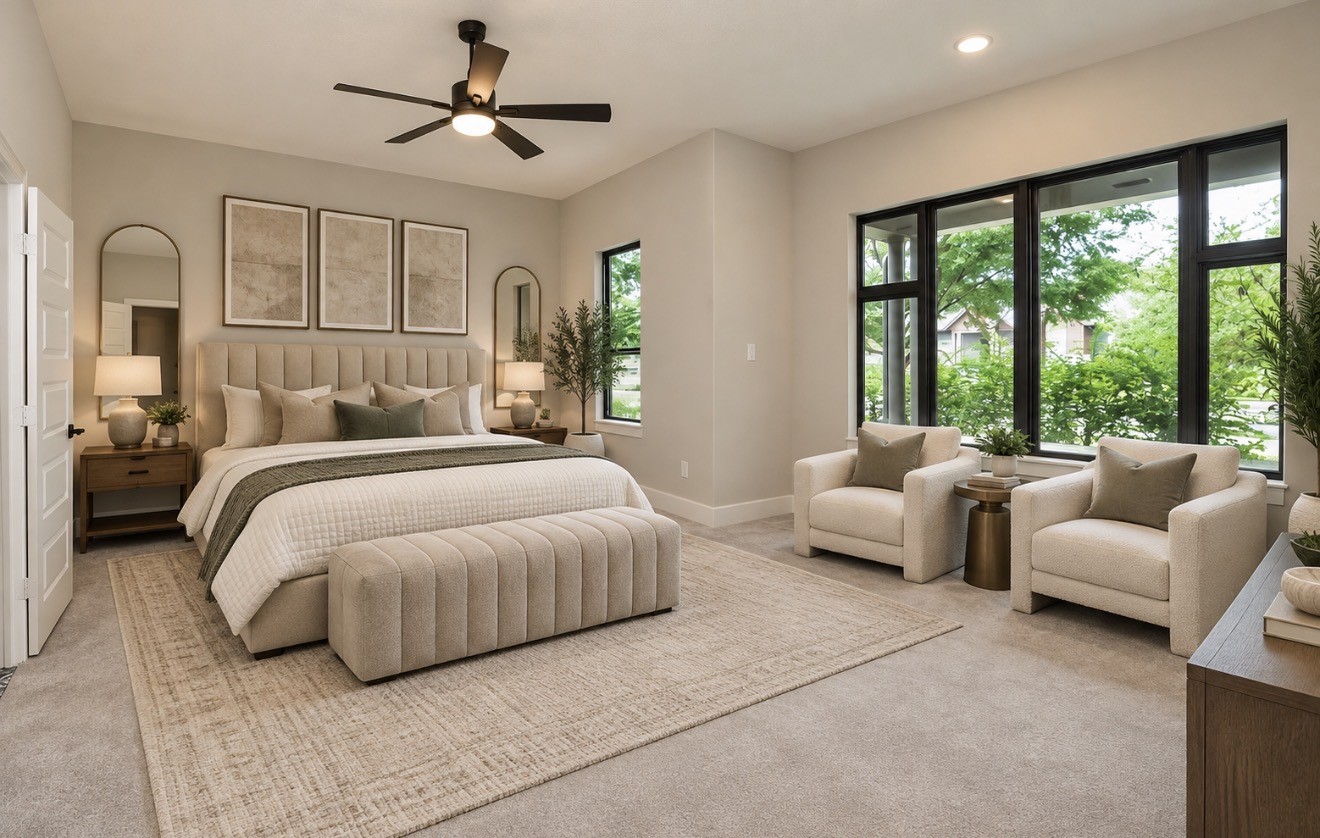 Virtually staged. Elevated bedroom design demonstrates the scale and furniture possibilities of the primary suite.